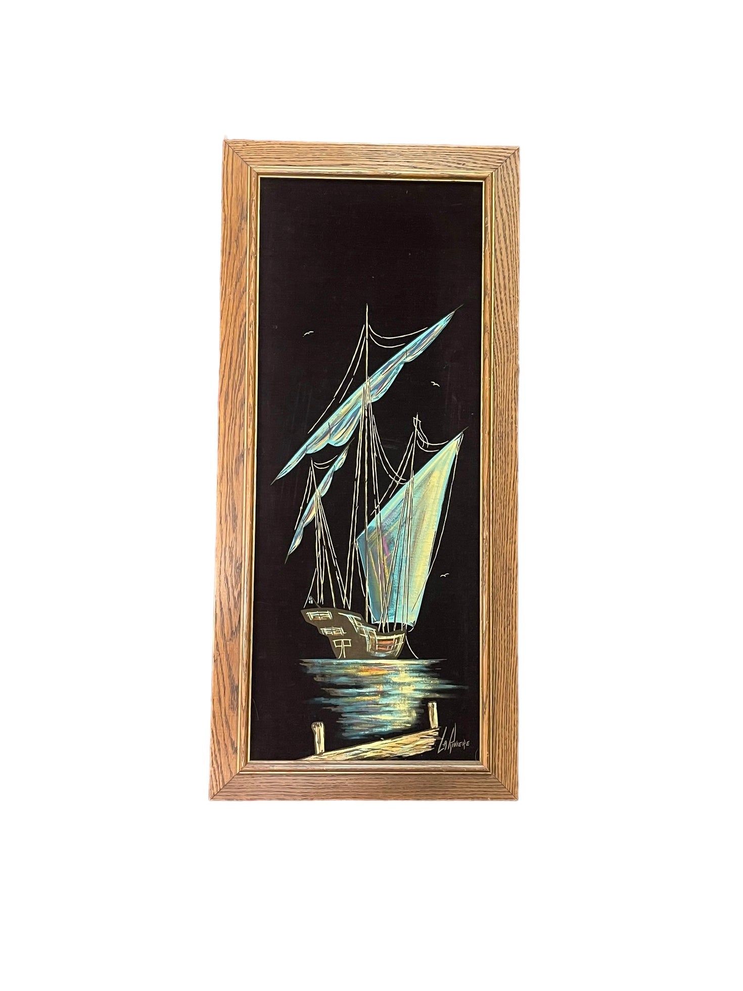 Midcentury Modern Oil on Felt Ship Painting signed La Rivière
