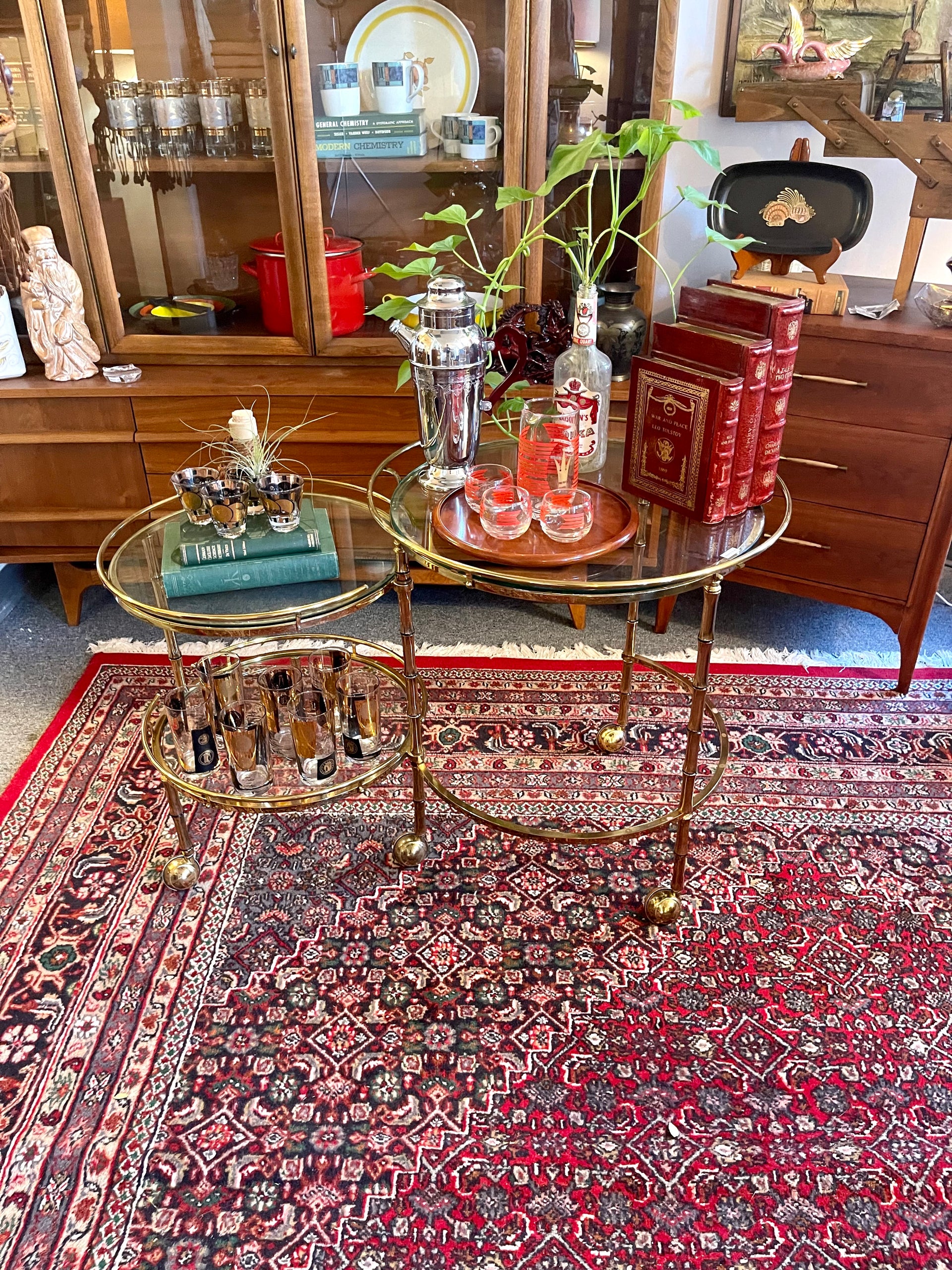 Hollywood Regency Style Brass and Glass Two Tiered Bar Cart