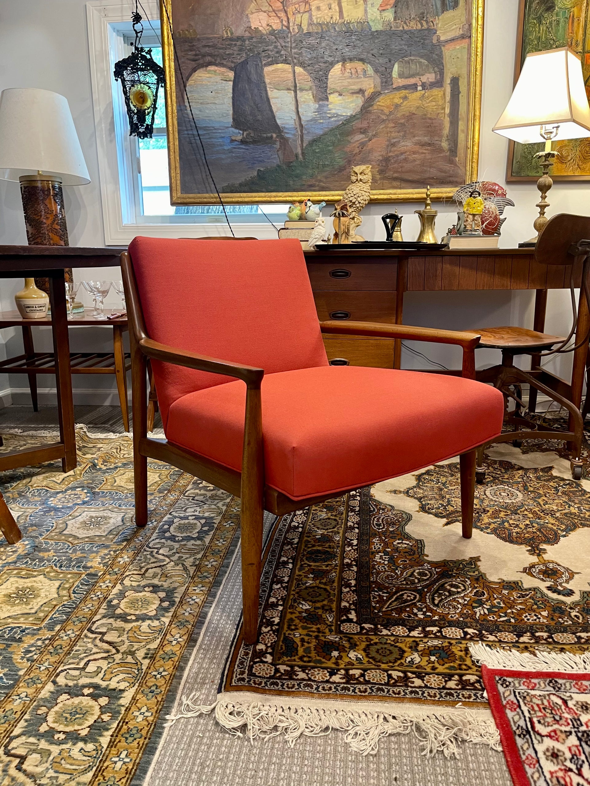 Scandinavian Modern Teak Armchair with Red Upholstery