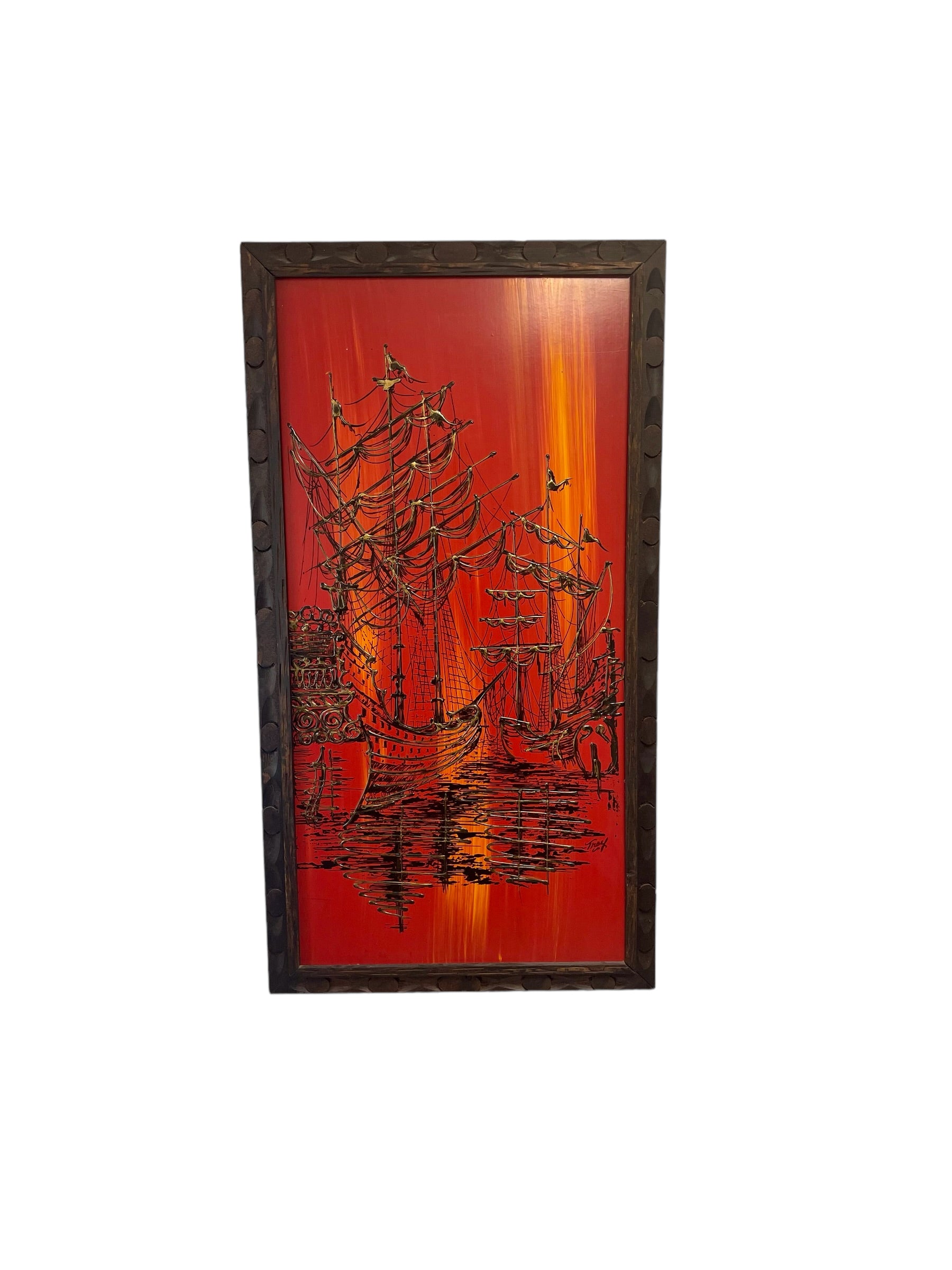Midcentury Modern Oil on Board Ship Signed Painting