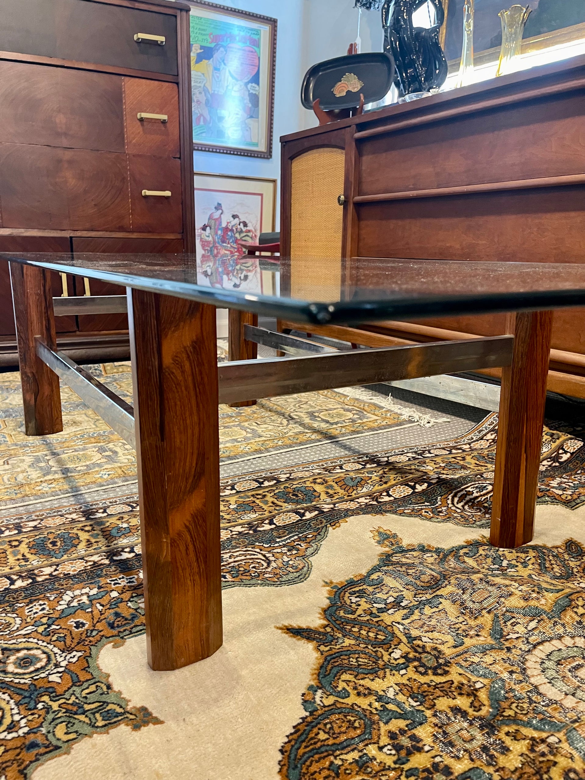 Midcentury Modern Italian Glass Rosewood and Chrome Coffee Table