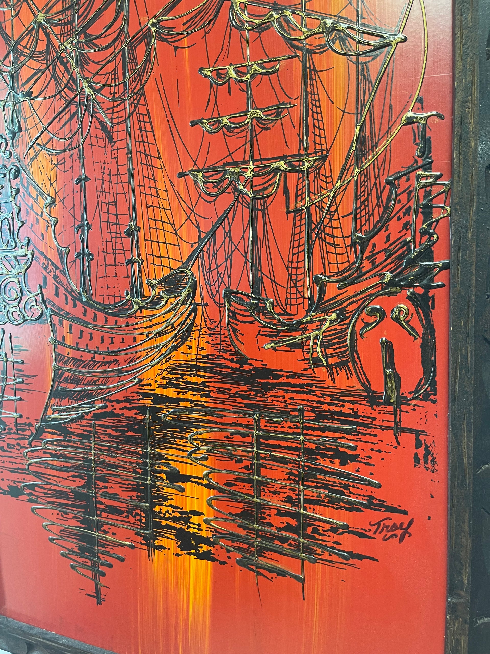 Midcentury Modern Oil on Board Ship Signed Painting