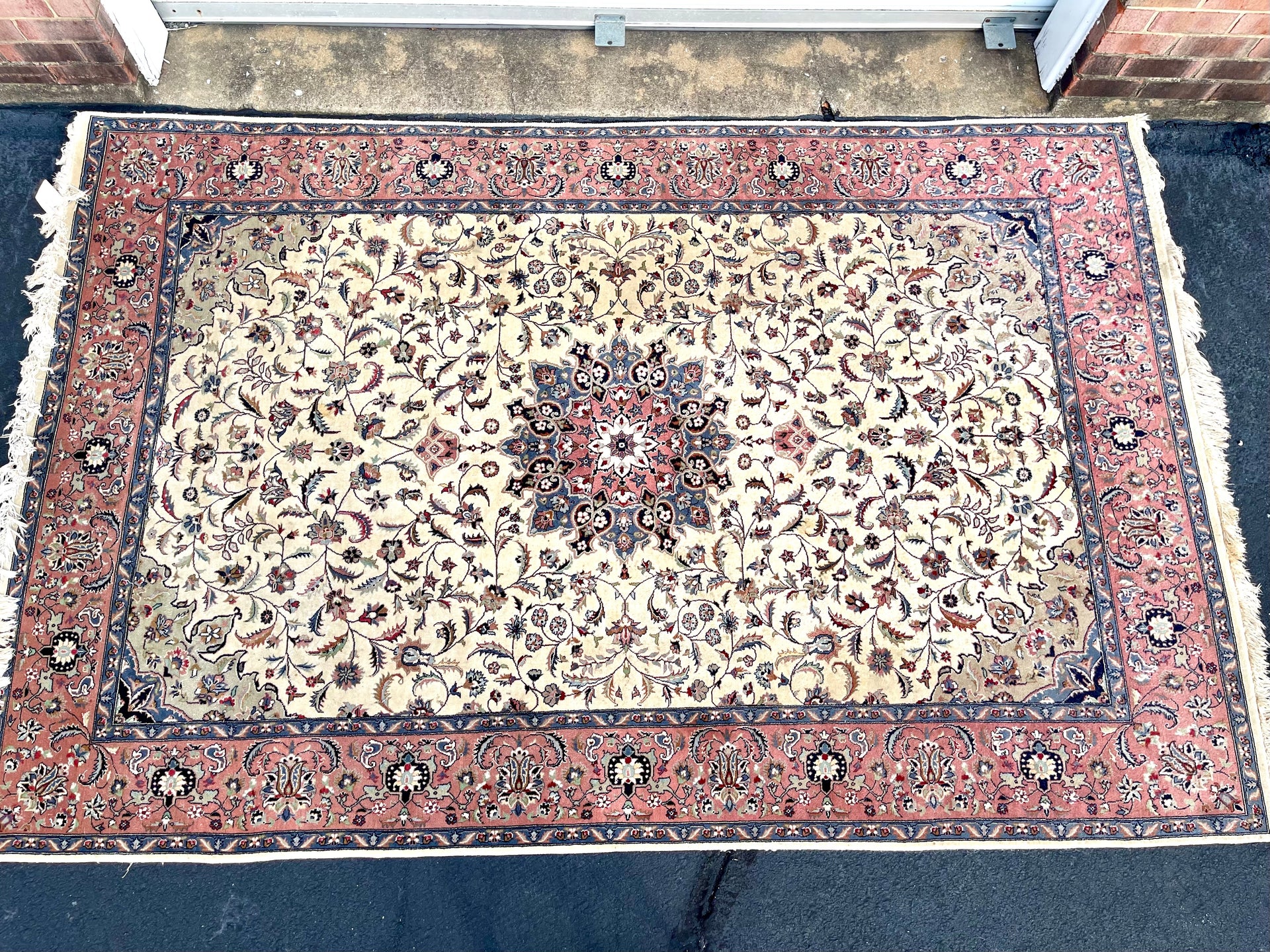 Vintage Hand-knotted Oriental Cream Pink and Purple Rug