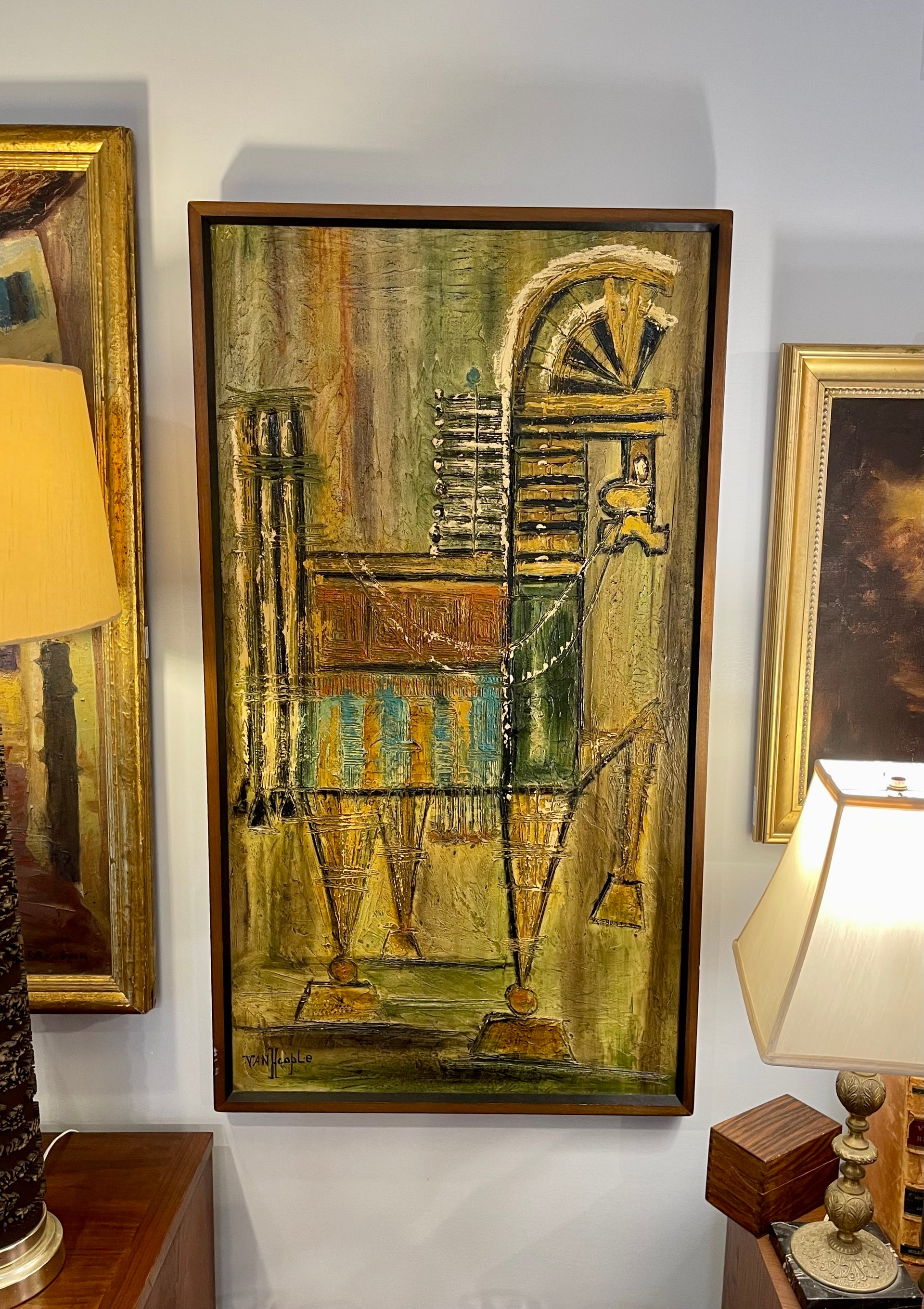 Midcentury Modern Oil on Board of a Trojan Horse Signed Van Hoople