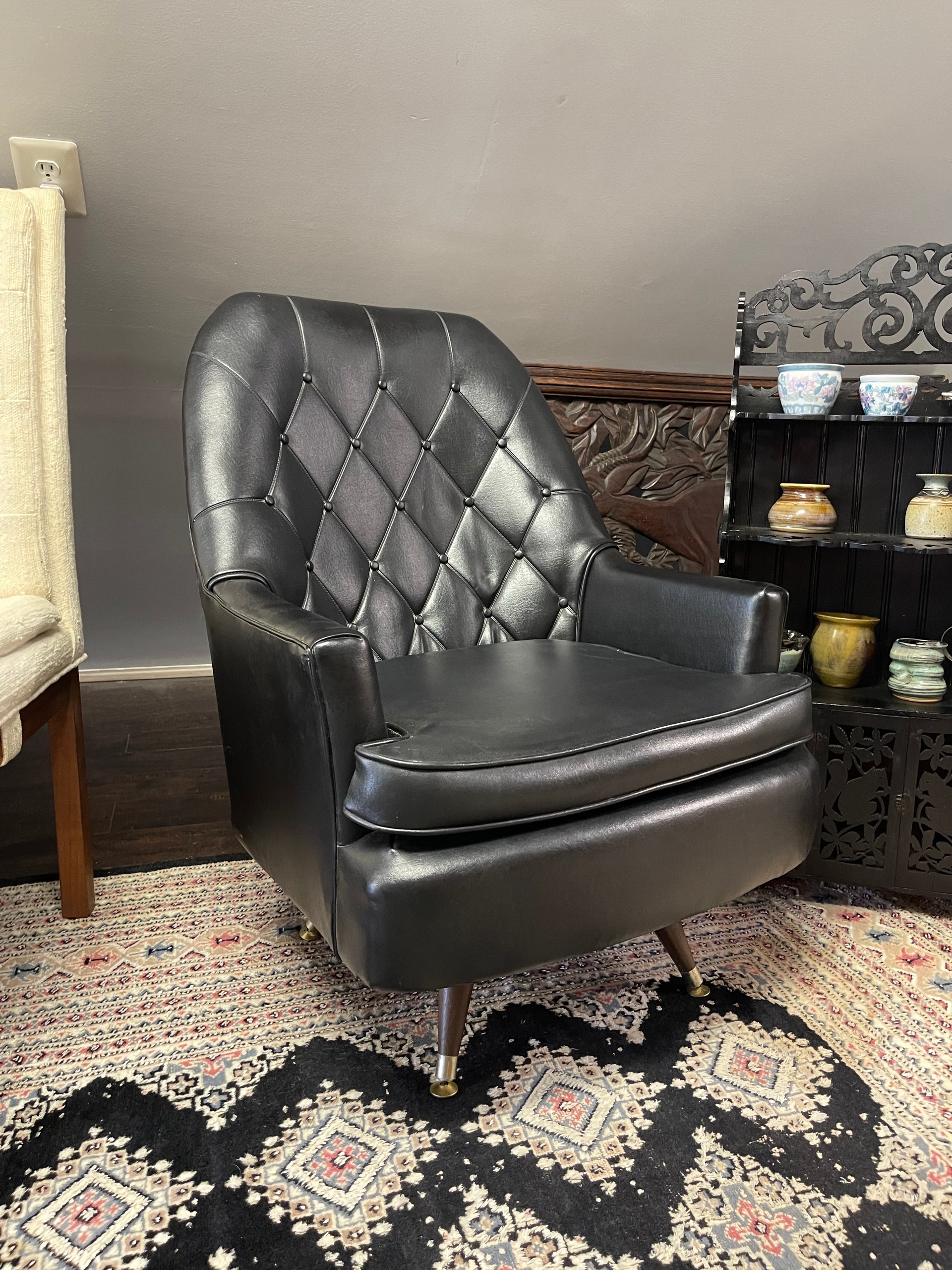 Midcentury Modern Black Vinyl Tufted Armchair