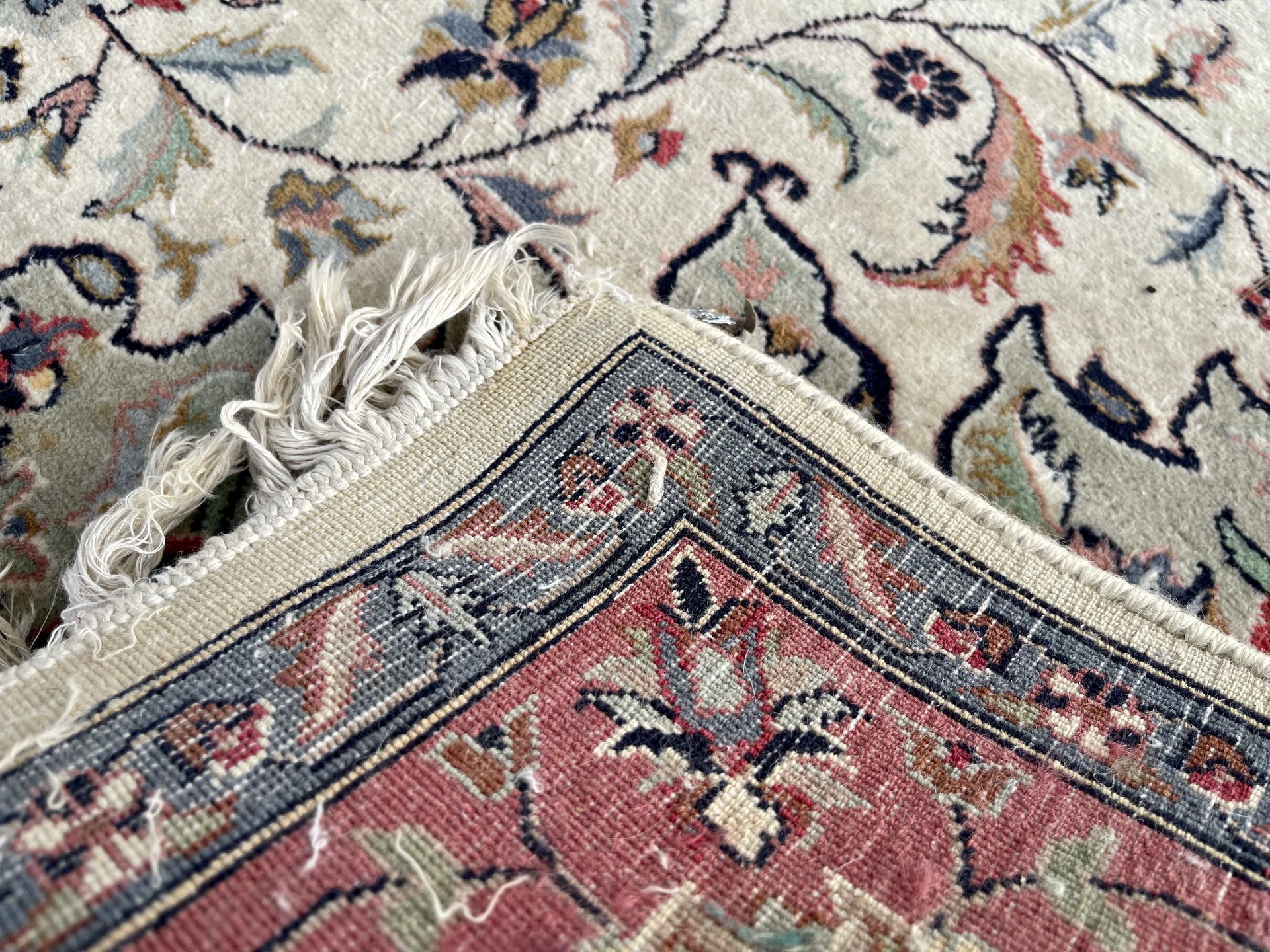 Vintage Hand-knotted Oriental Cream Pink and Purple Rug