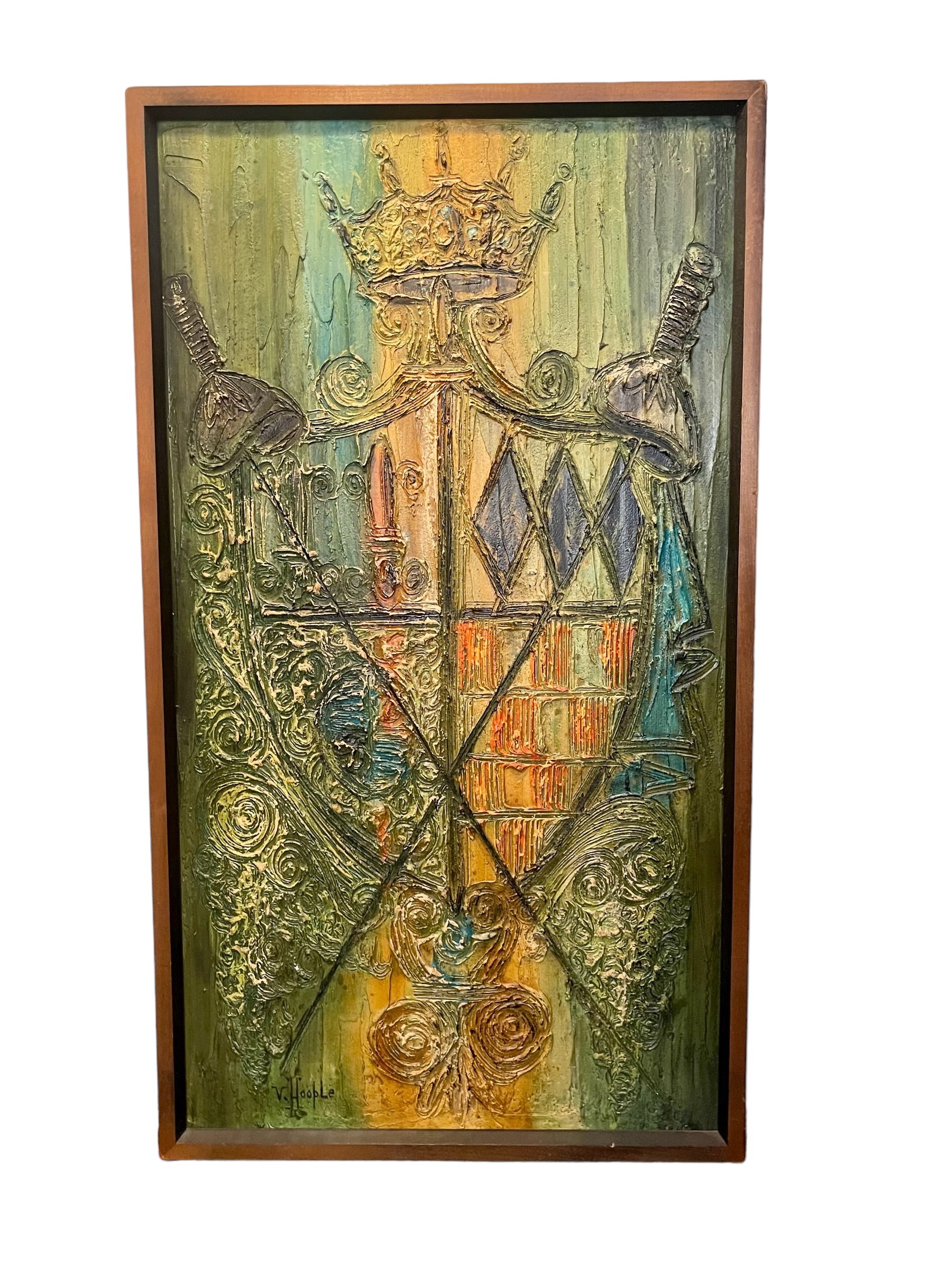 Midcentury Modern Oil on Board of a Medieval Crest Signed Van Hoople
