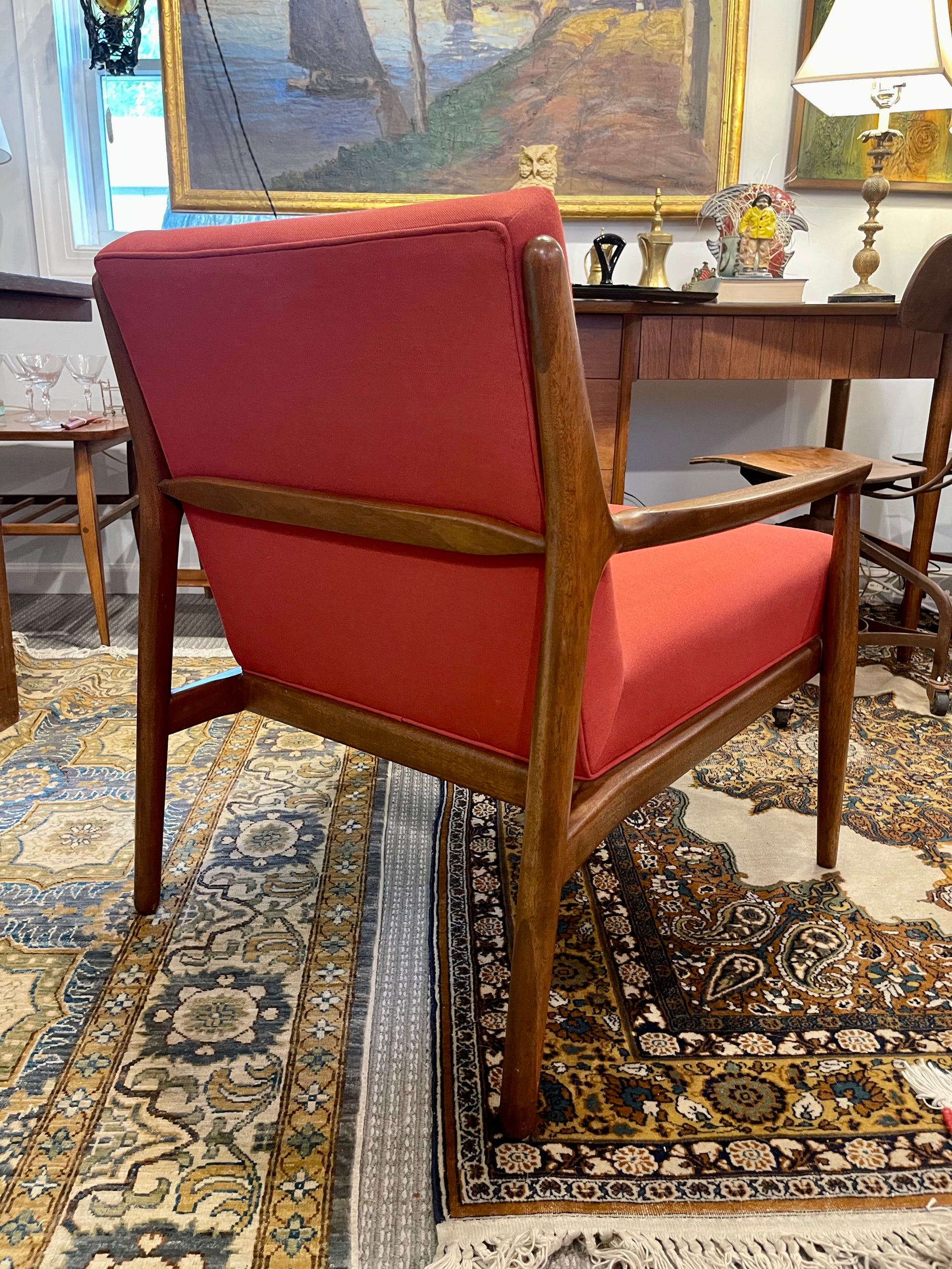 Scandinavian Modern Teak Armchair with Red Upholstery