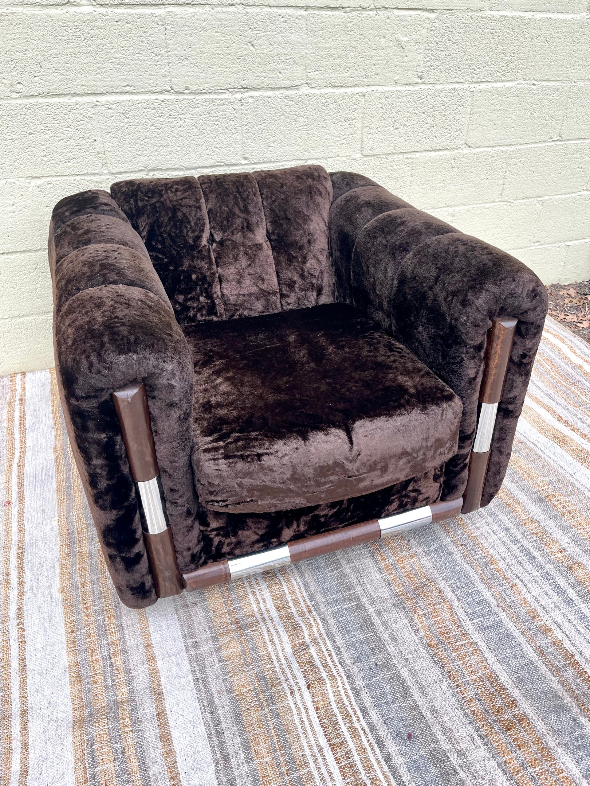 Milo Baughman Style Dark Brown Fuzzy Armchair
