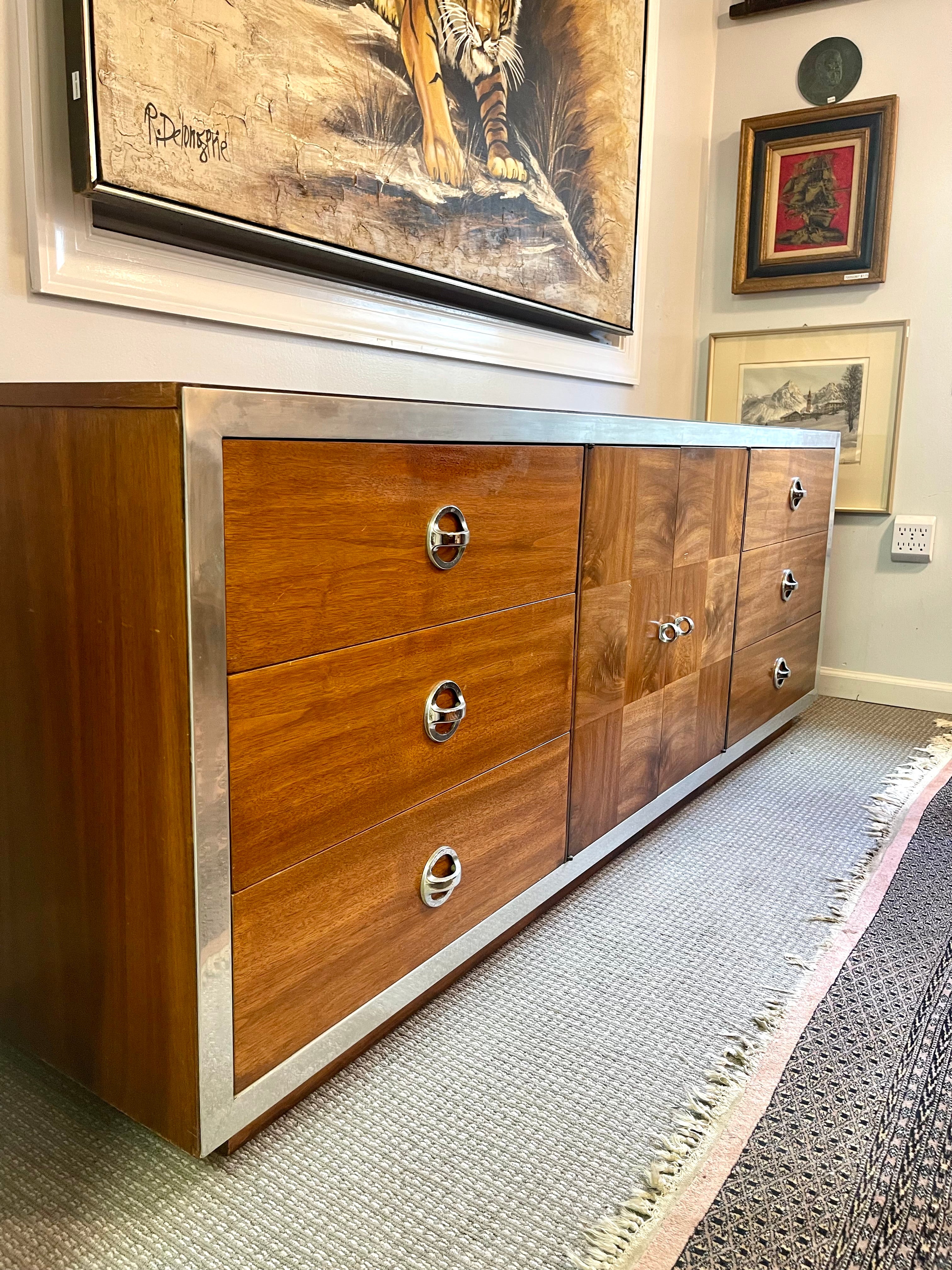 Mid-Century Modern Milo Baughman Sideboard / Dresser, Burlwood, Chrome