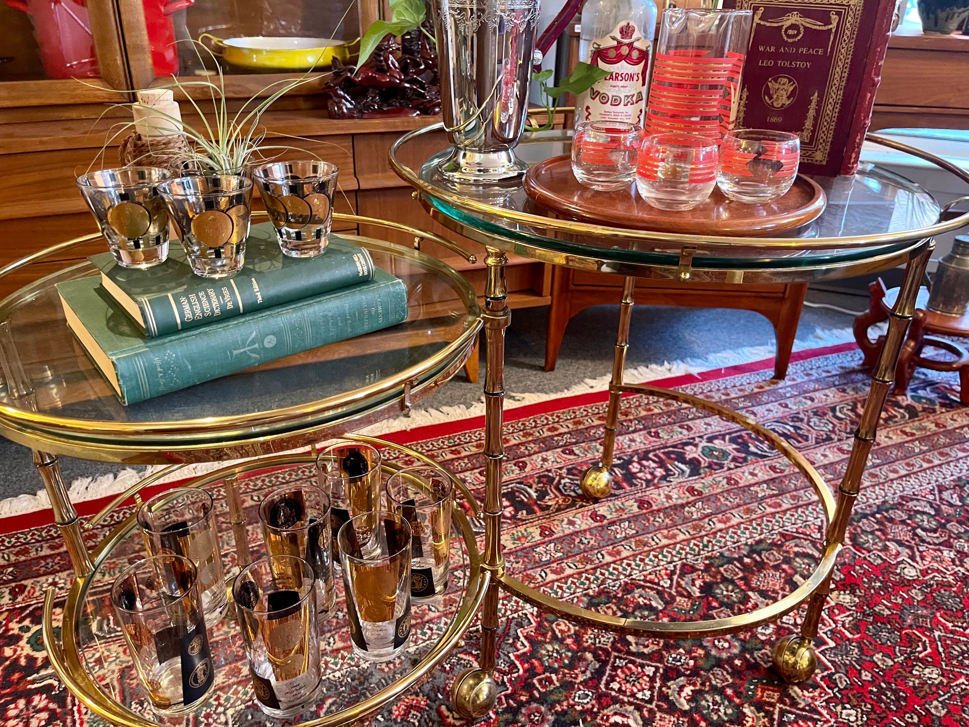 Hollywood Regency Style Brass and Glass Two Tiered Bar Cart