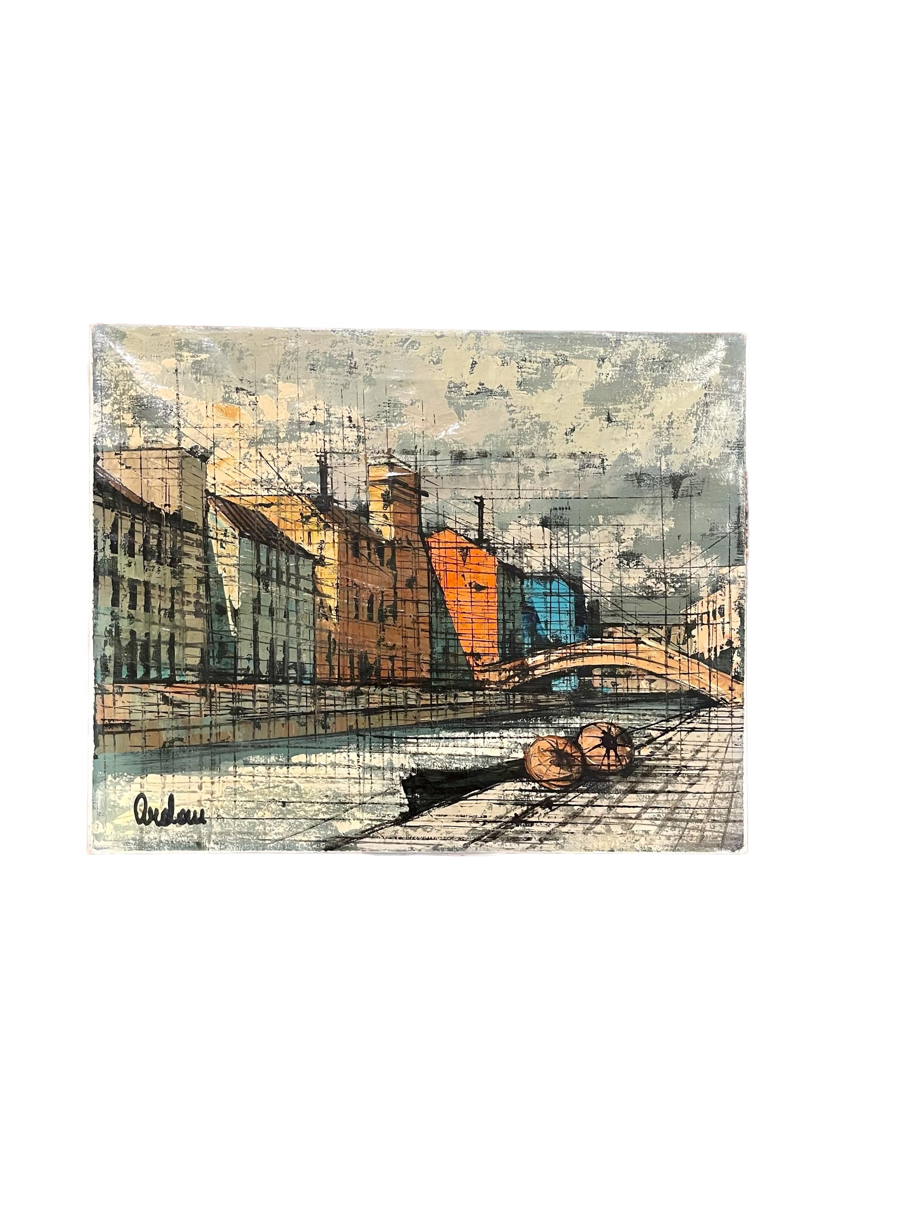 Midcentury Expressionist Signed Oil on Canvas Cityscape Painting