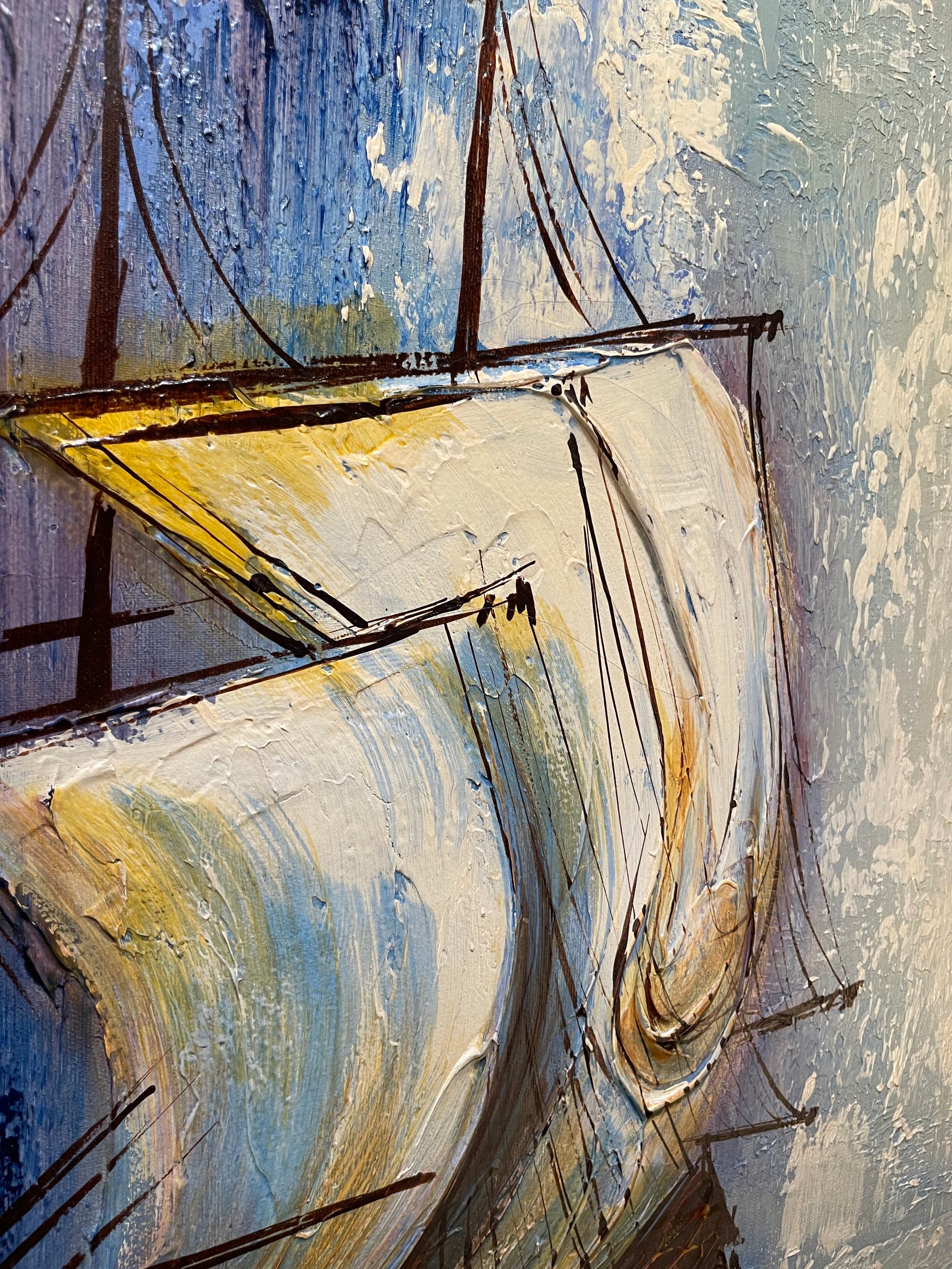 Large Midcentury Modern Oil Painting Depicting Ships at Sea Signed Val