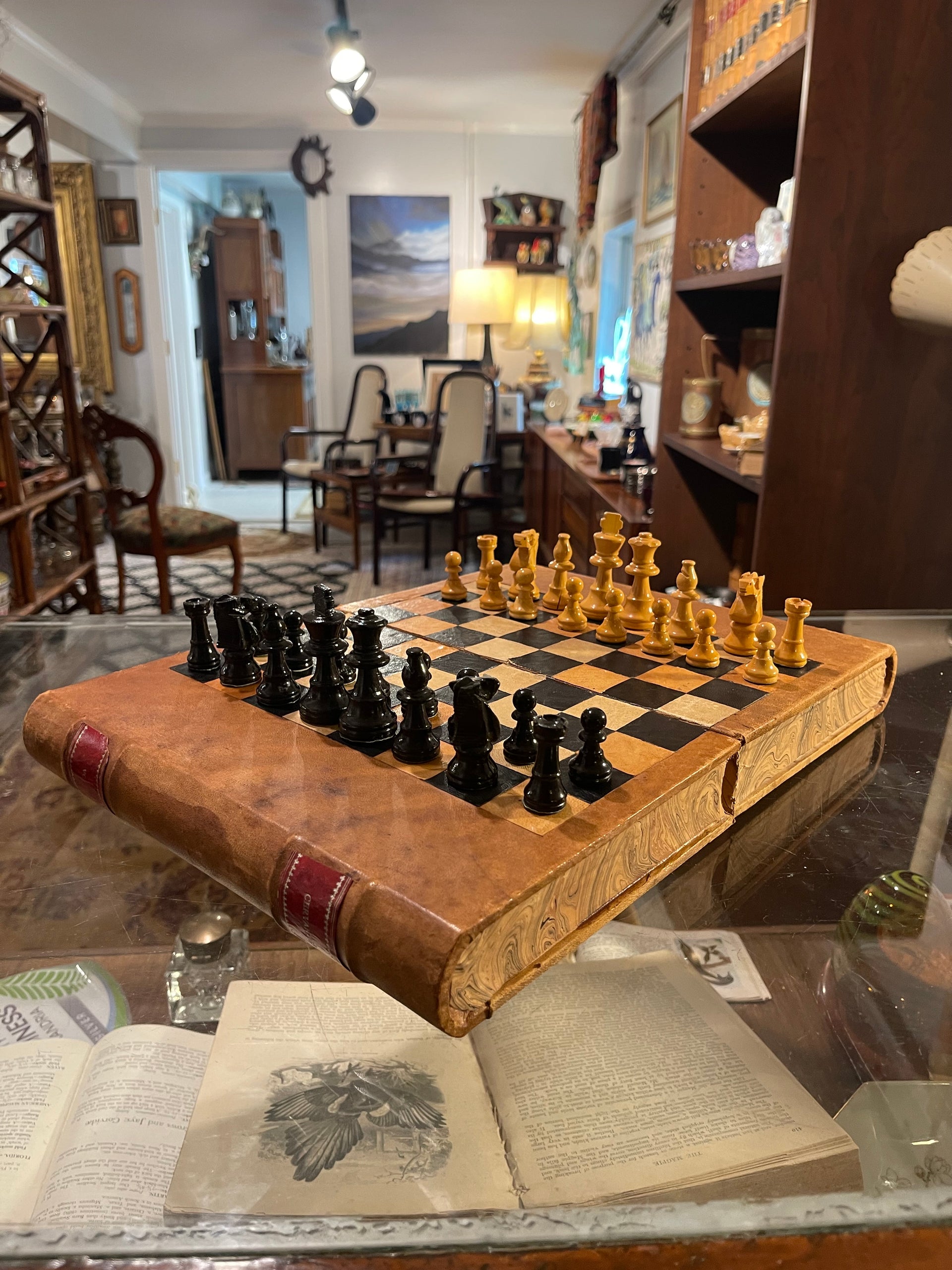 Vintage Victorian-Style Folding Book Form Chess Board Set