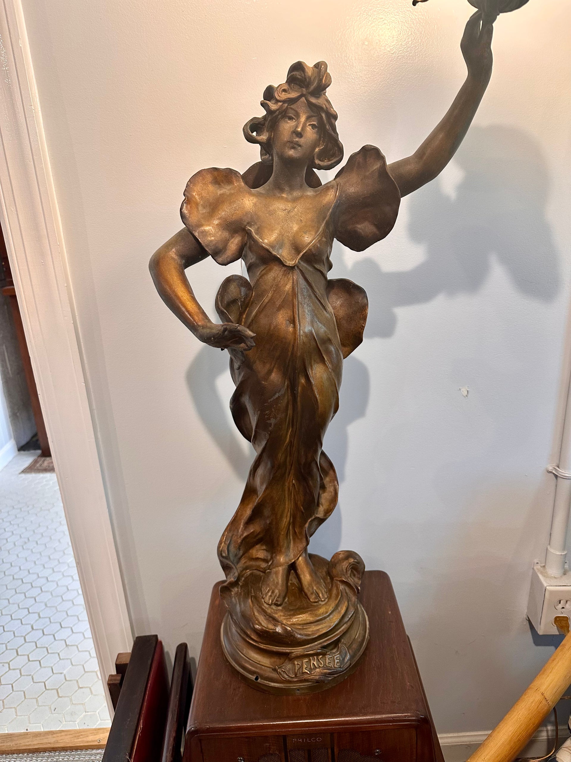 Antique Art Nouveau Patinated Bronze French Figural Spelter Newel Post Lamp