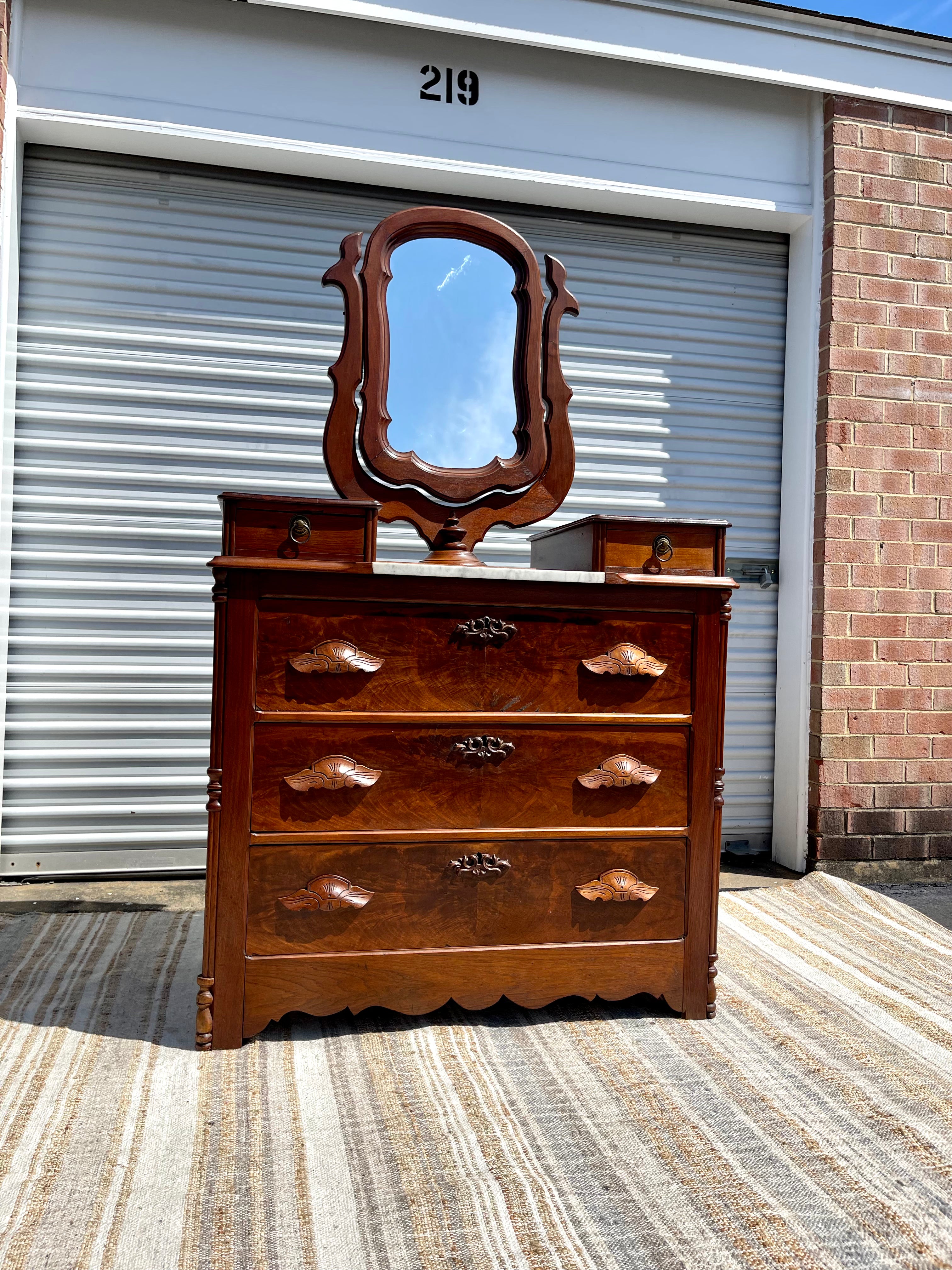 Victorian Eastlake Chest of Drawers with Marble Top and Mirror Victorian Eastlake Chest of Drawers with Marble Top and Mirror