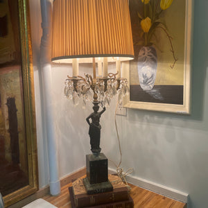 Hollywood Regency Antique Marble Lamp with Bronze Statue