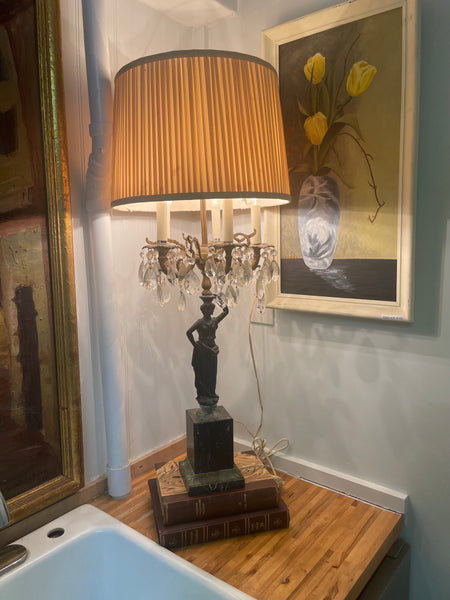 Hollywood Regency Antique Marble Lamp with Bronze Statue