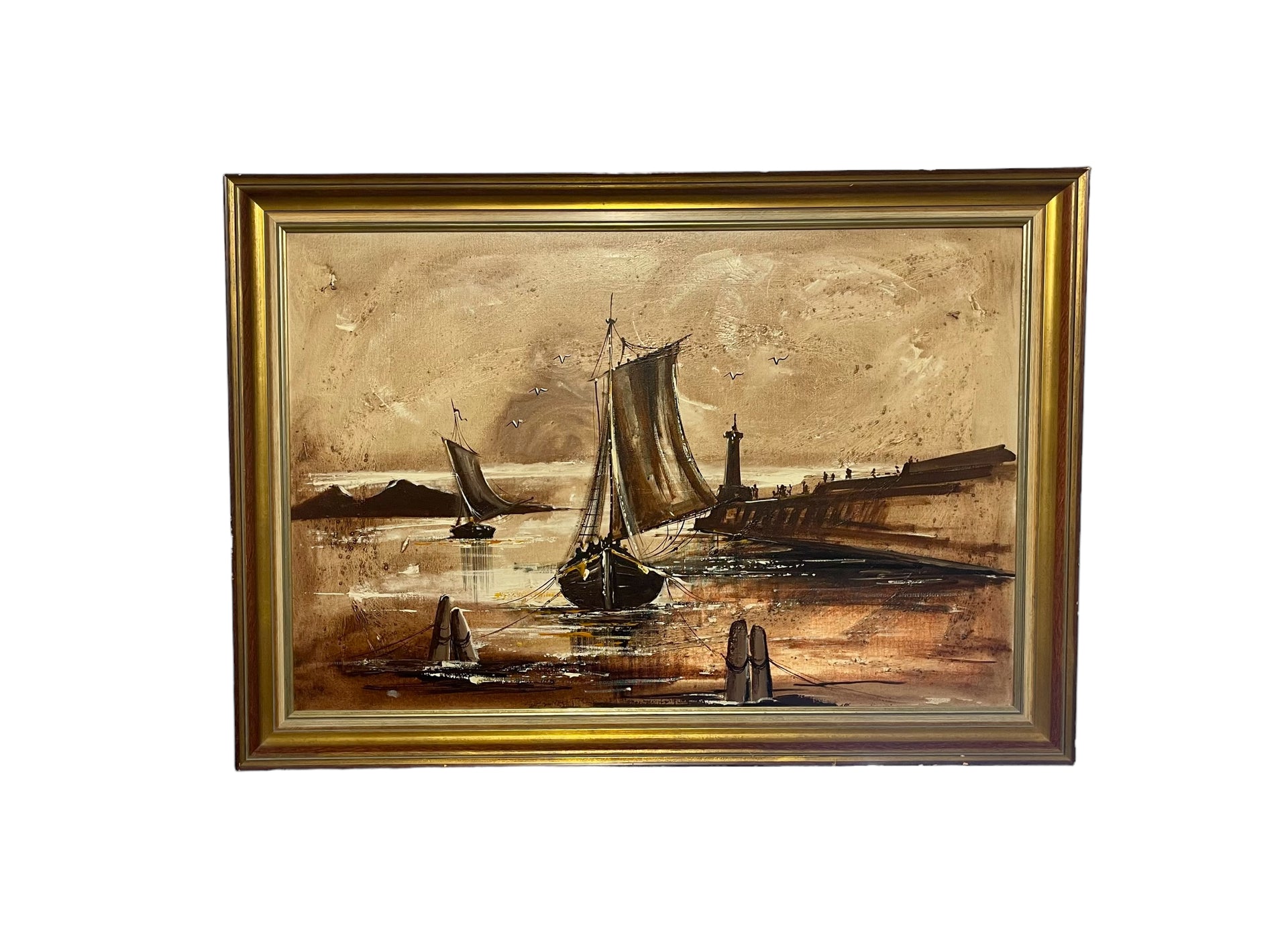 Midcentury Modern Framed Painting Ships in the Harbor