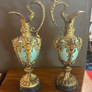 Pair of Renaissance Revival Gilt Bronze Overlay Ewers