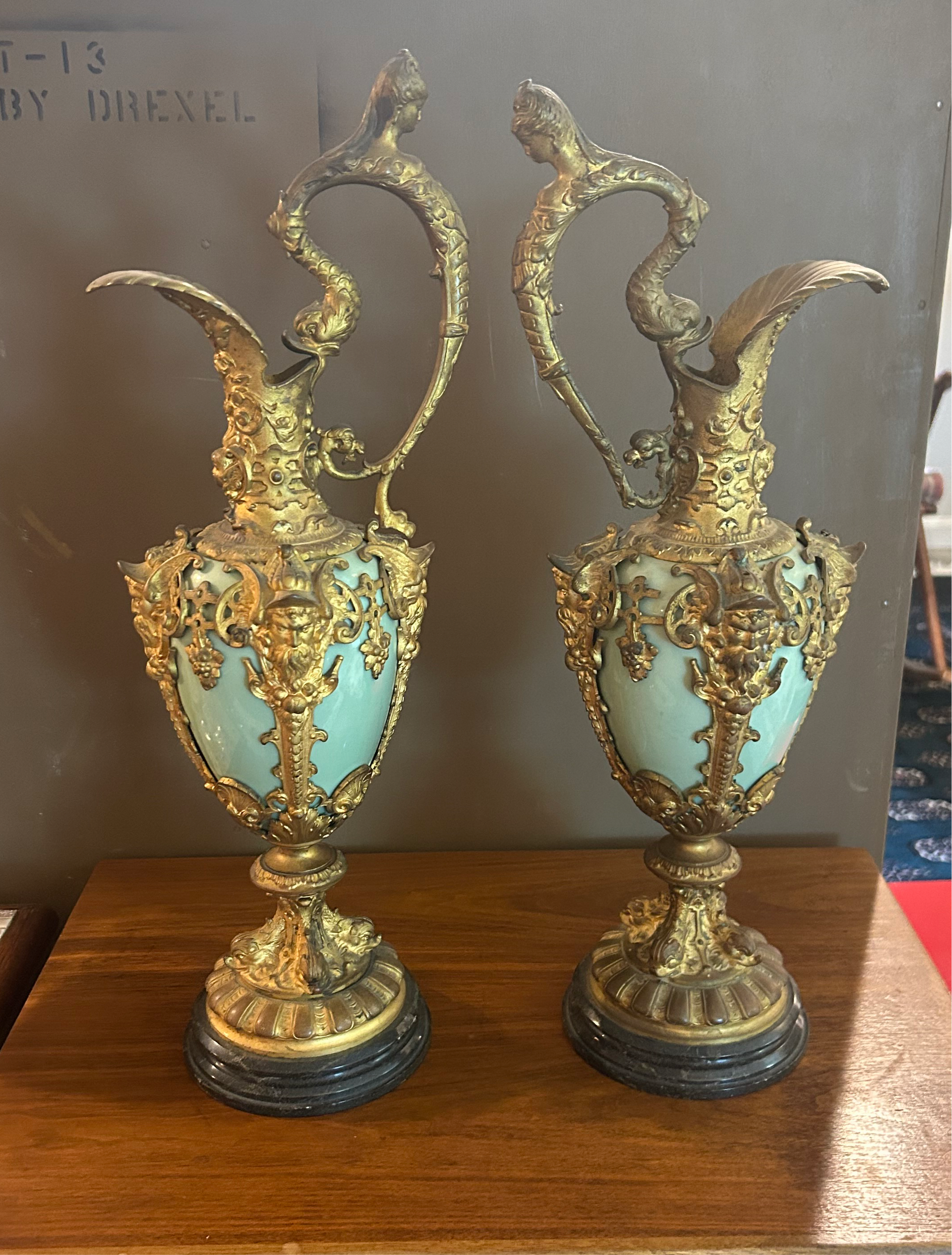 Pair of Renaissance Revival Gilt Bronze Overlay Ewers