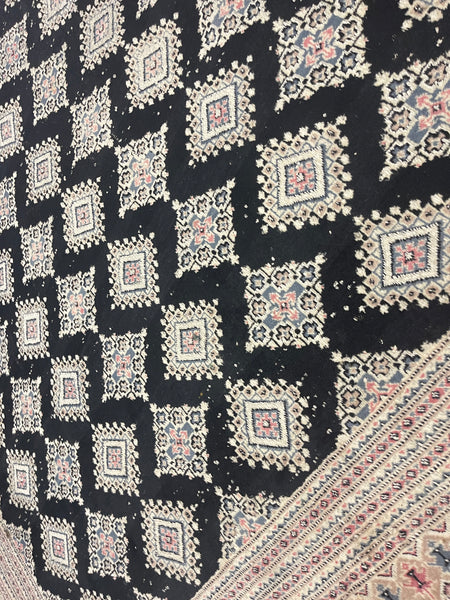 Large Vintage Black, White, Blue, and Pink Hand-knotted Oriental Bokhara Area Rug