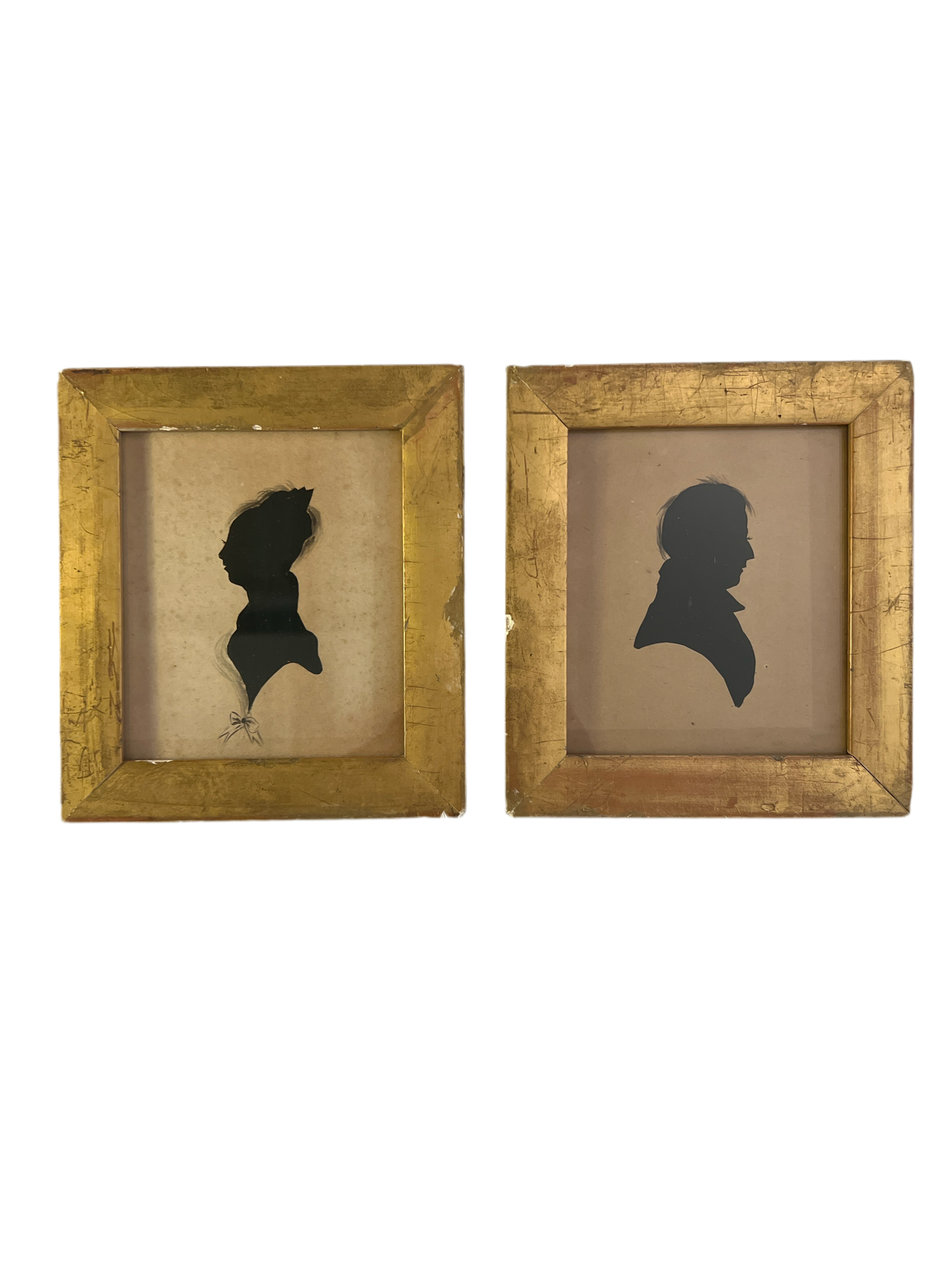 5-3/4” Framed Miniature Silhouette Sketches of Man and Woman in Gold Frames