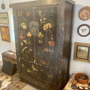 Antique Chinese Chinoiserie Black Lacquer Wardrobe Cabinet