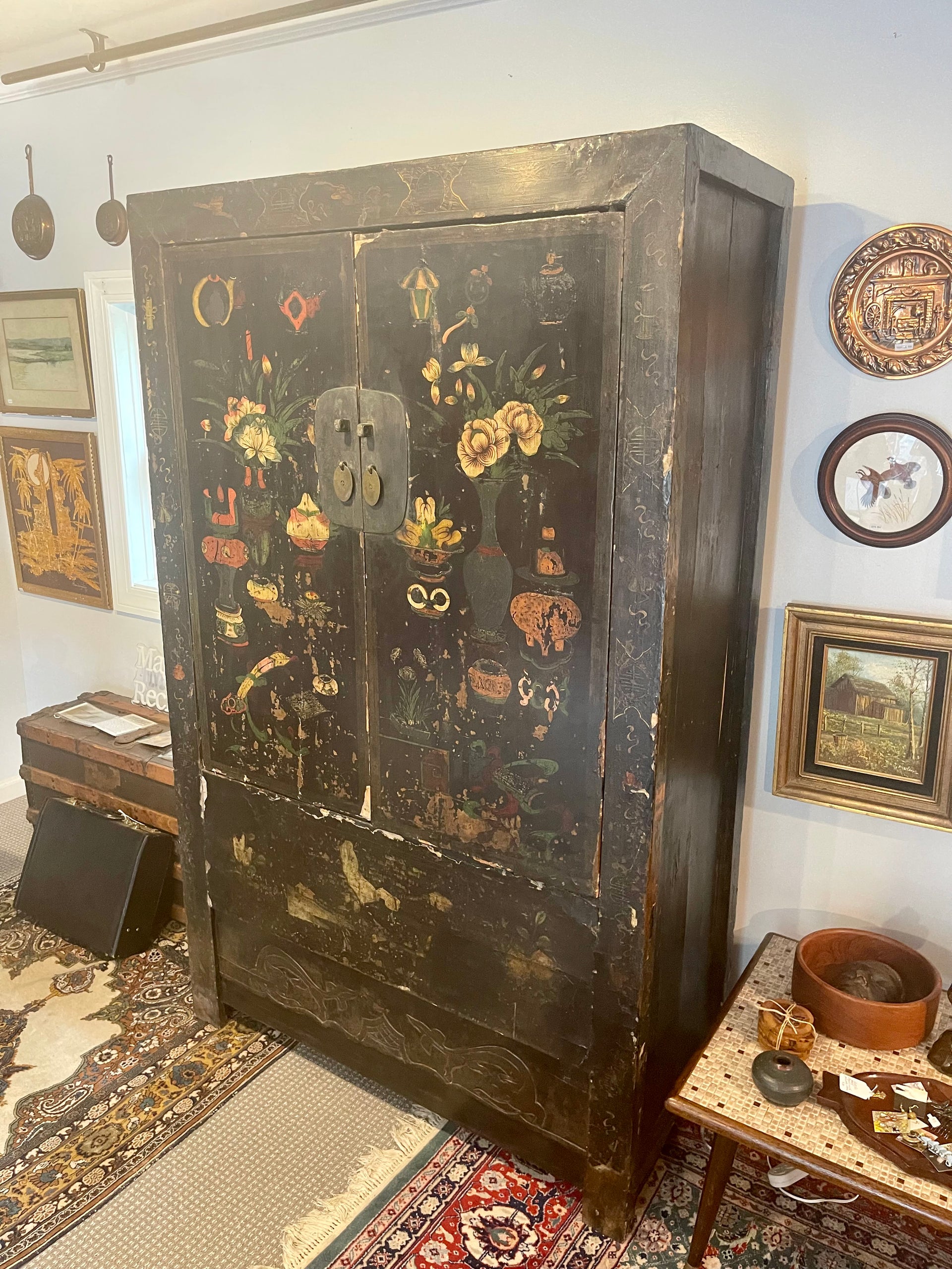 Antique Chinese Chinoiserie Black Lacquer Wardrobe Cabinet