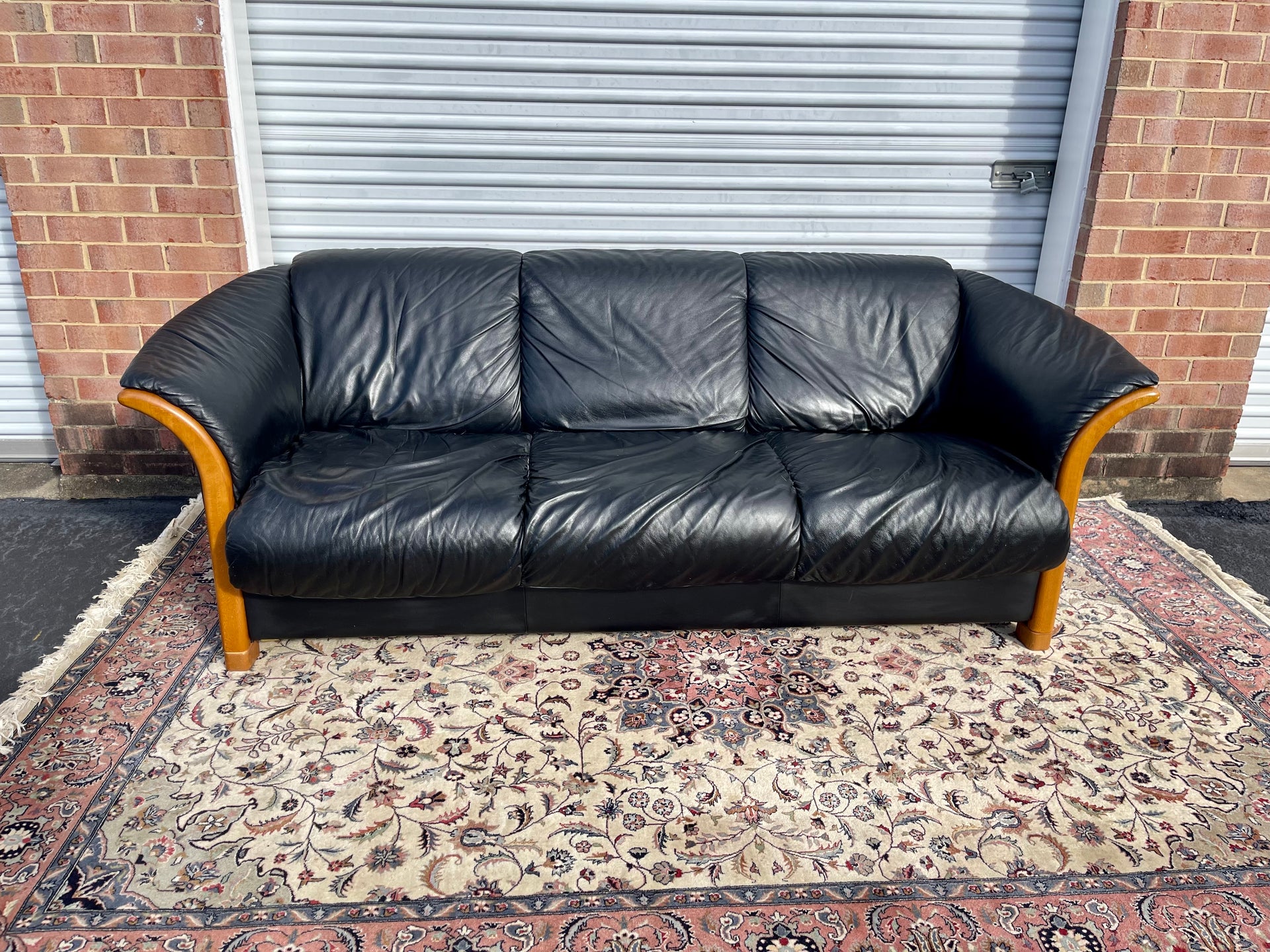 Ekornes Scandinavian Modern Black Leather “Manhattan” Stressless Sofa