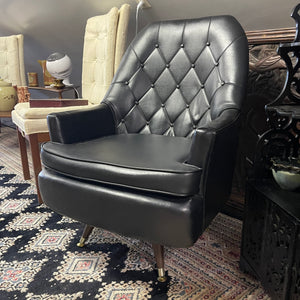 Midcentury Modern Black Vinyl Tufted Armchair