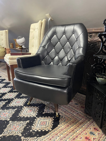 Midcentury Modern Black Vinyl Tufted Armchair