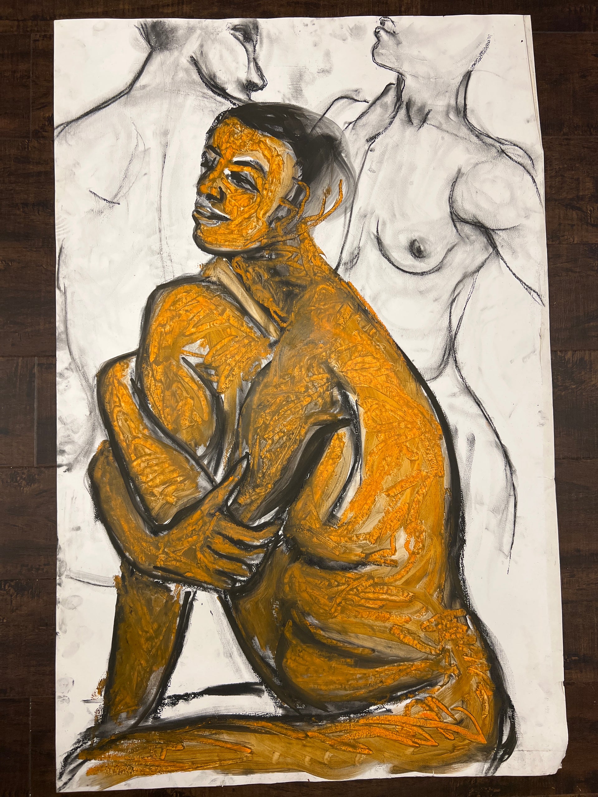 Pensive Man Gold in Black and White Charcoal and Acrylic (Nina Gelin-Meier Collection)