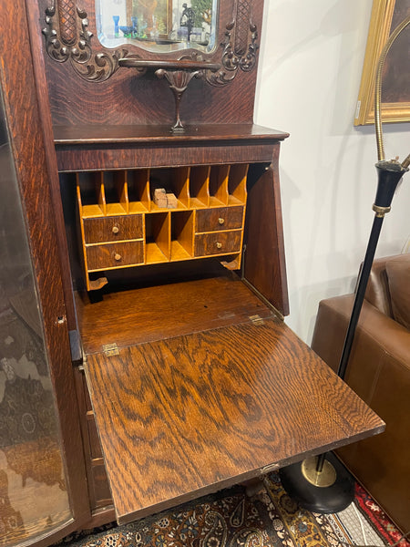 Antique American Tiger Oak Side by Side Bowed Glass Bookcase or China Secretary