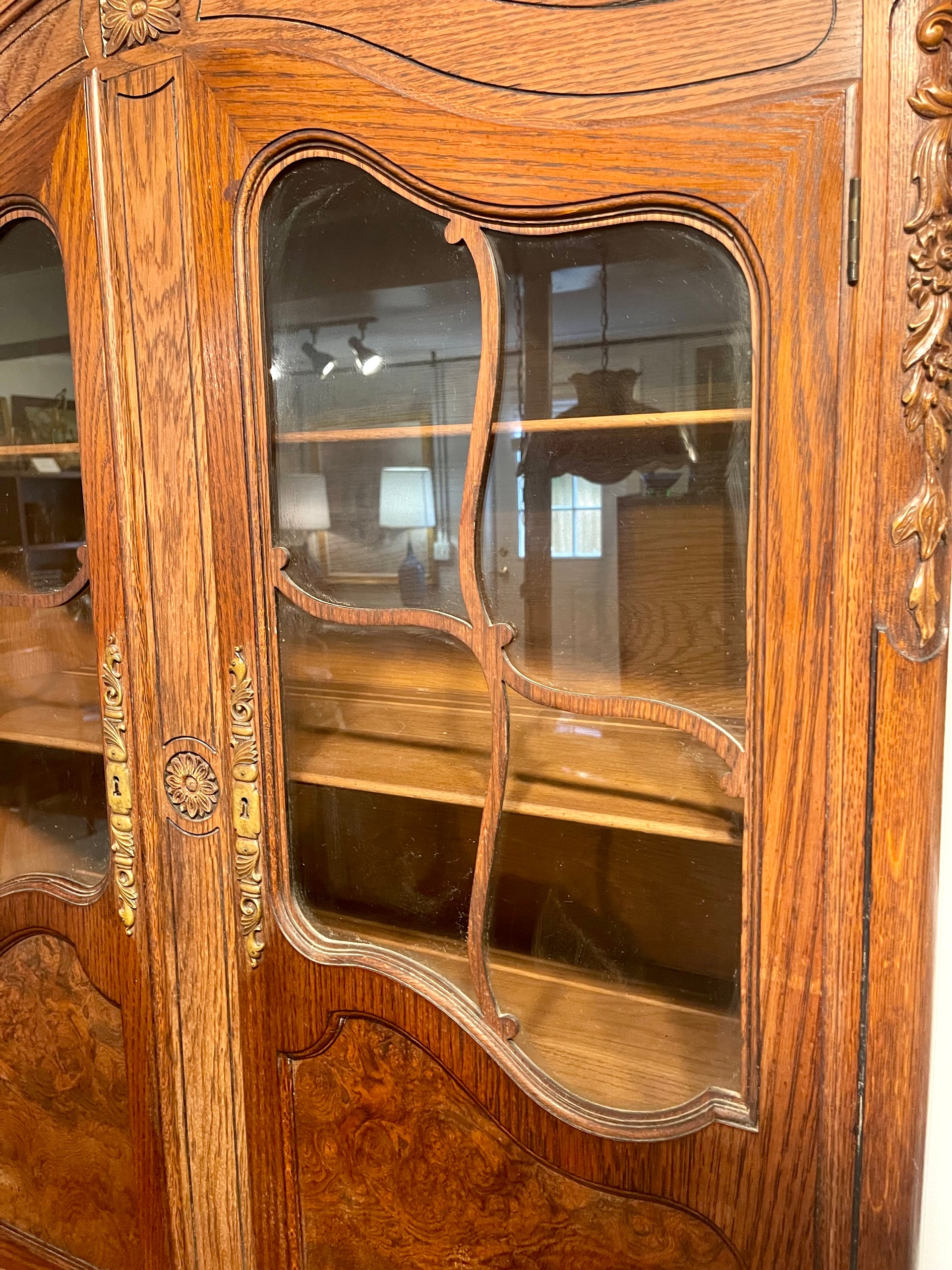Antique French Oak Art Nouveau Style Glass Fronted Cabinet