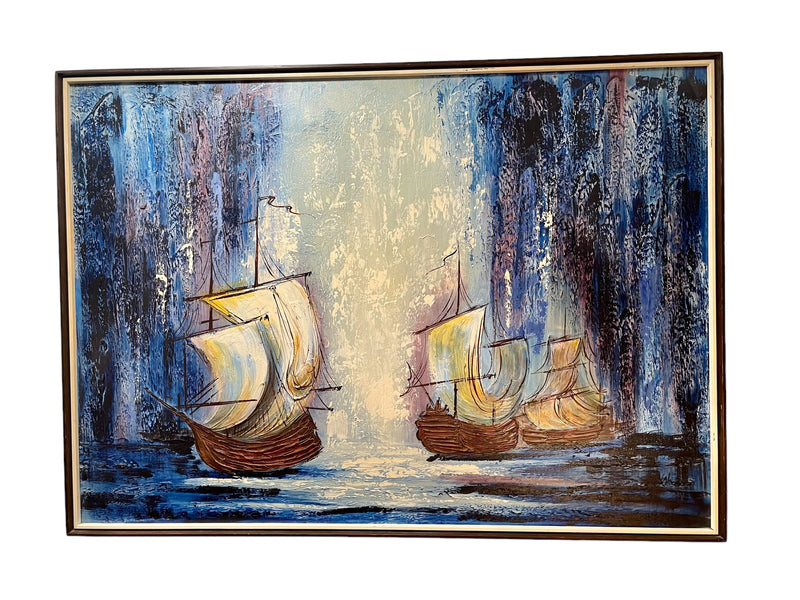 Large Midcentury Modern Oil Painting Depicting Ships at Sea Signed Val