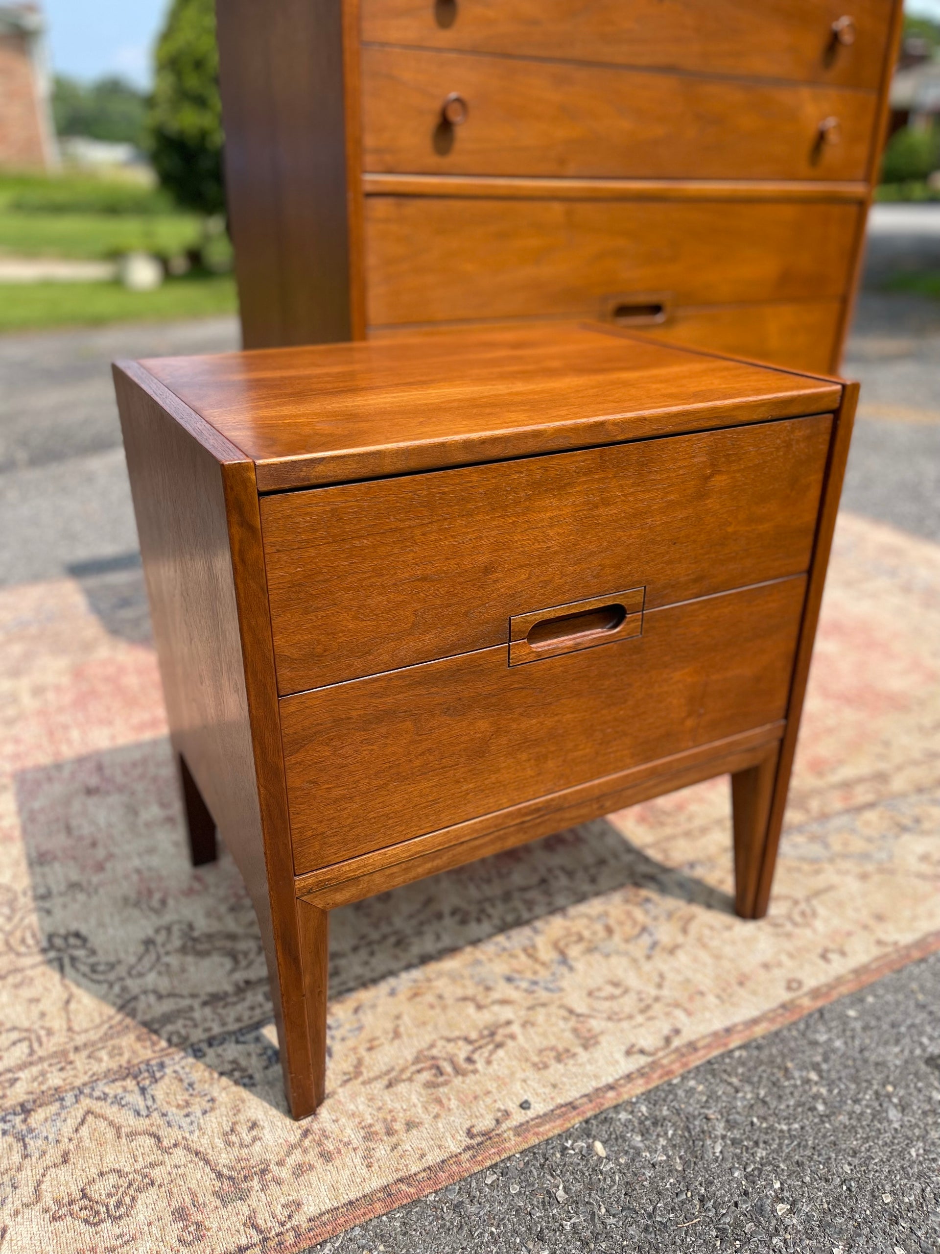 Midcentury Modern Walnut Tallboy Dresser & Matching Ottoman from United Furnitue Co.