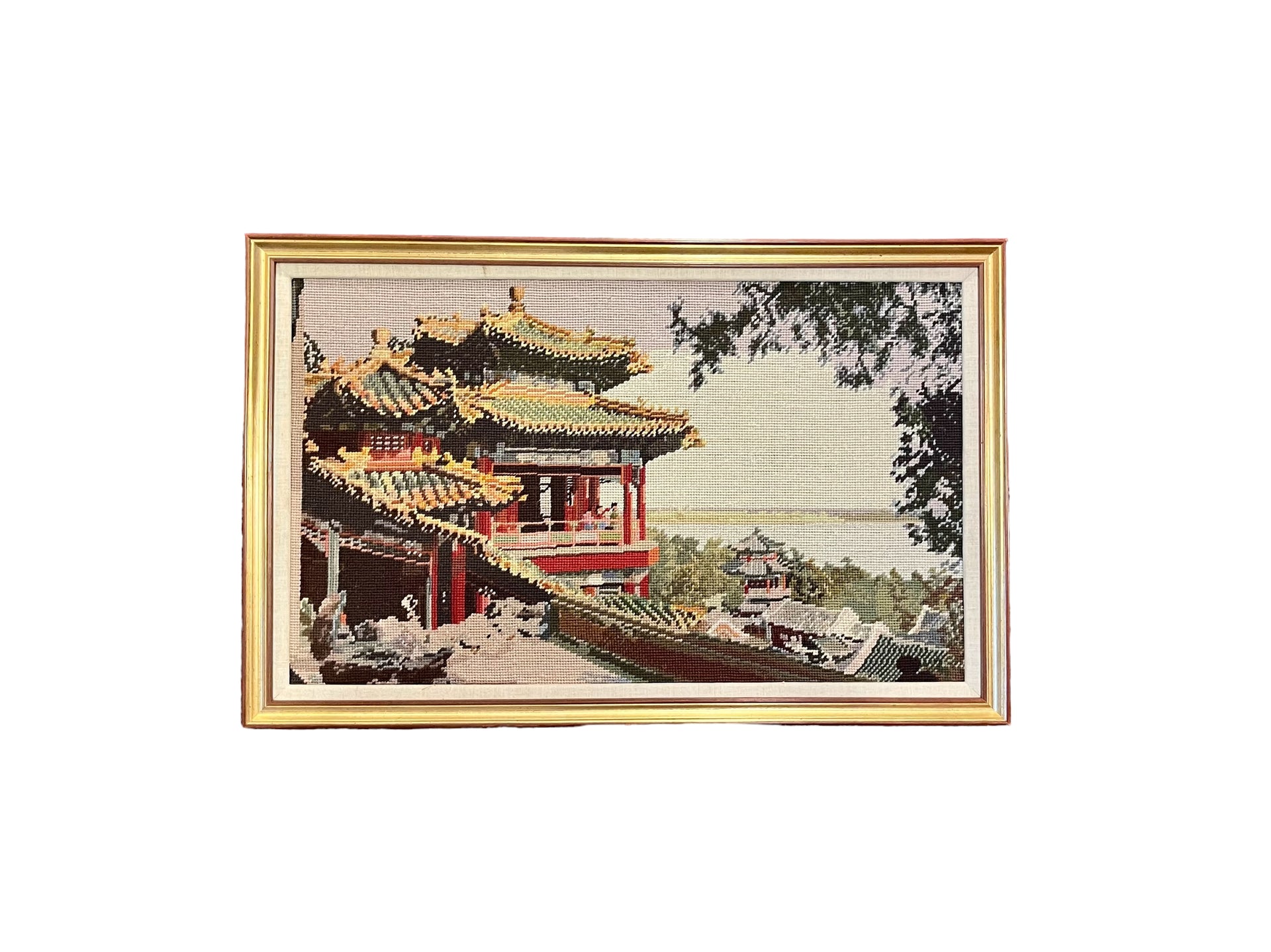 Vintage Hand-Stitched Pagoda on the River Artwork