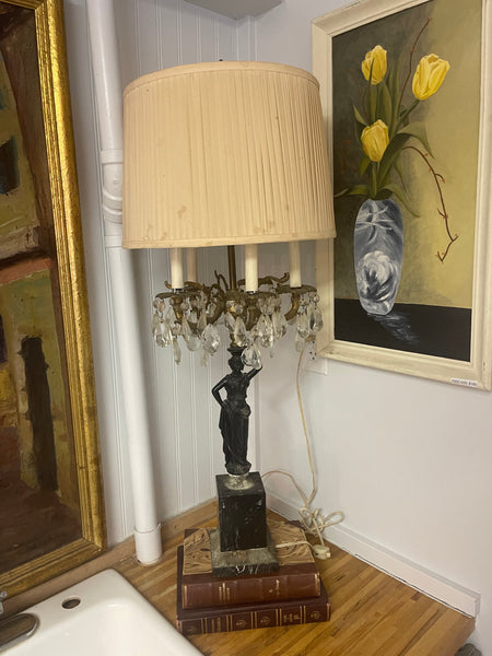 Hollywood Regency Antique Marble Lamp with Bronze Statue