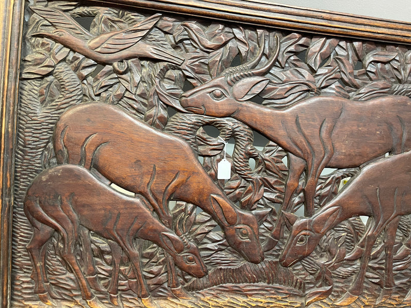 Vintage Hand-Carved Wooden Artwork Depicting Deer or Antelope