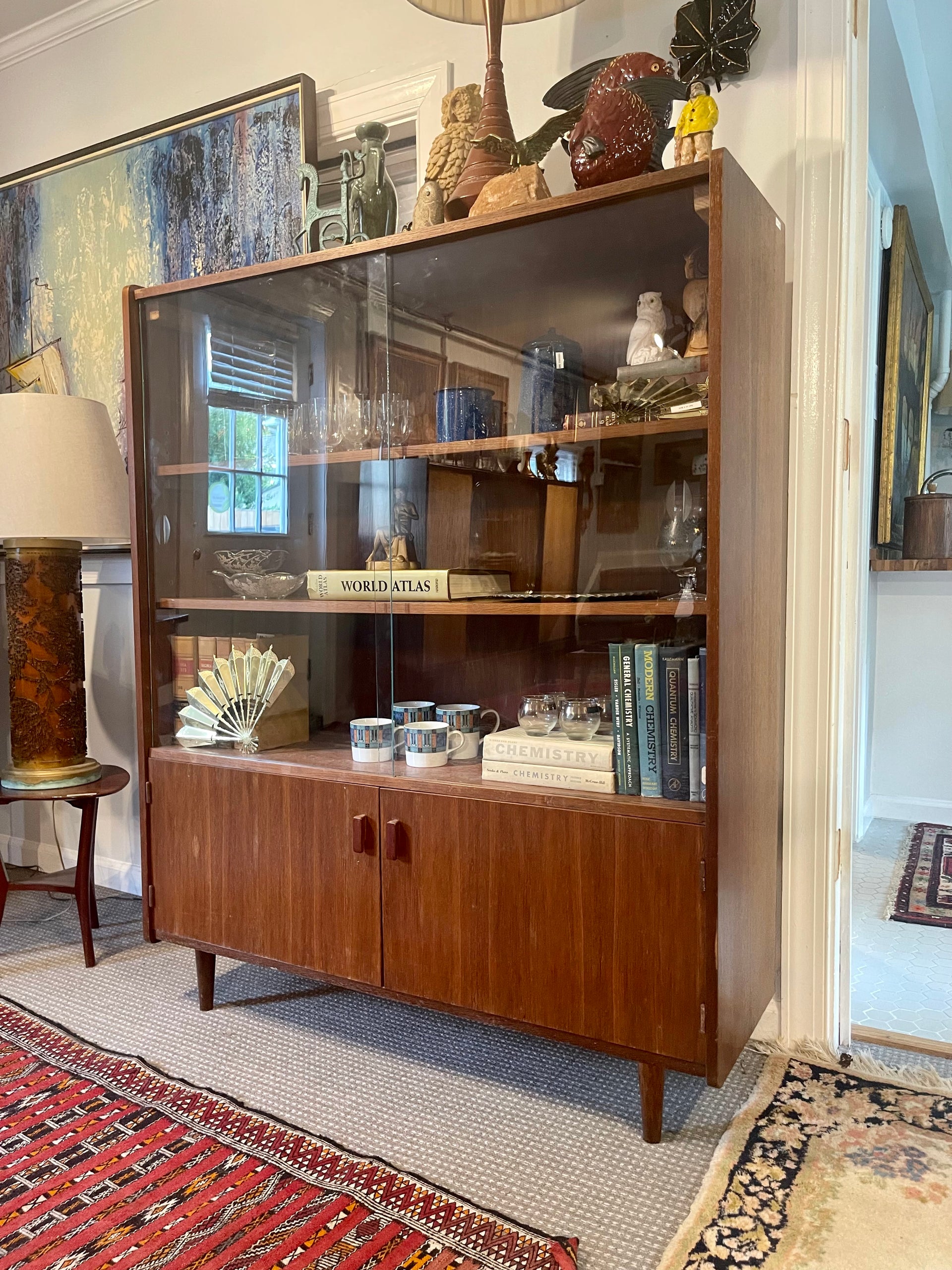 Midcentury Modern Glass-Fronted Oak Hutch