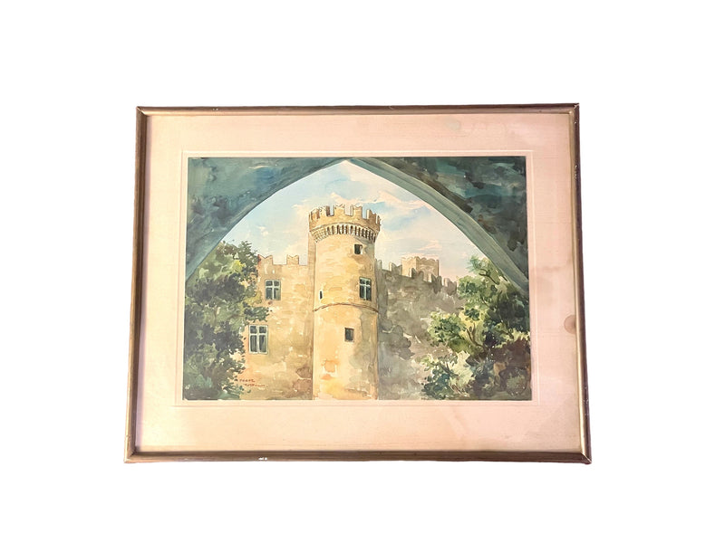 Vintage Greek Watercolor Painting of a Castle