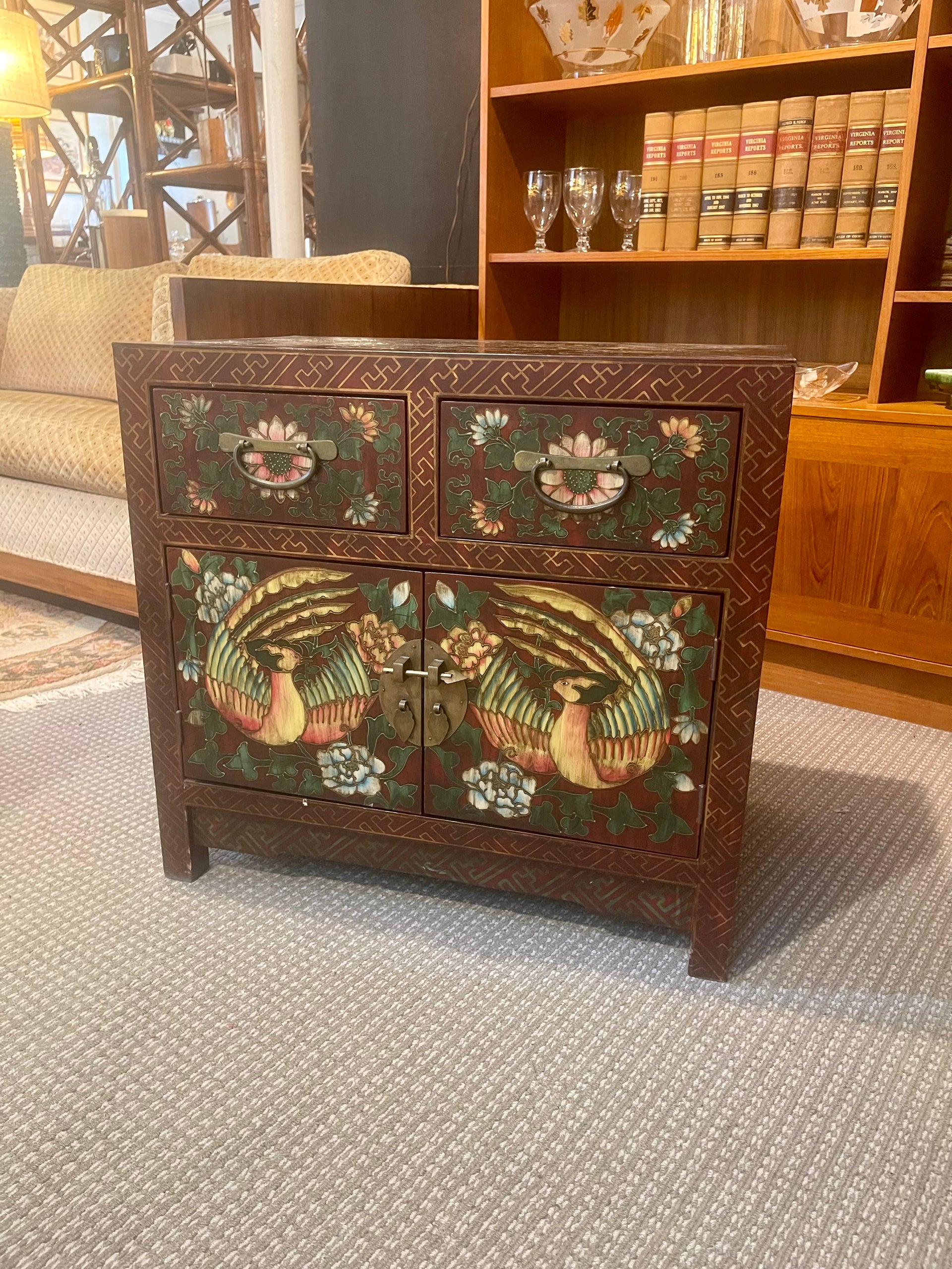 Petite Painted Asiatic Cabinet with Flower and Bird Motif