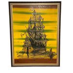 Midcentury Modern Oil on Board Ship Painting