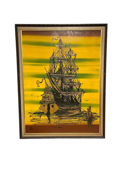 Midcentury Modern Oil on Board Ship Painting