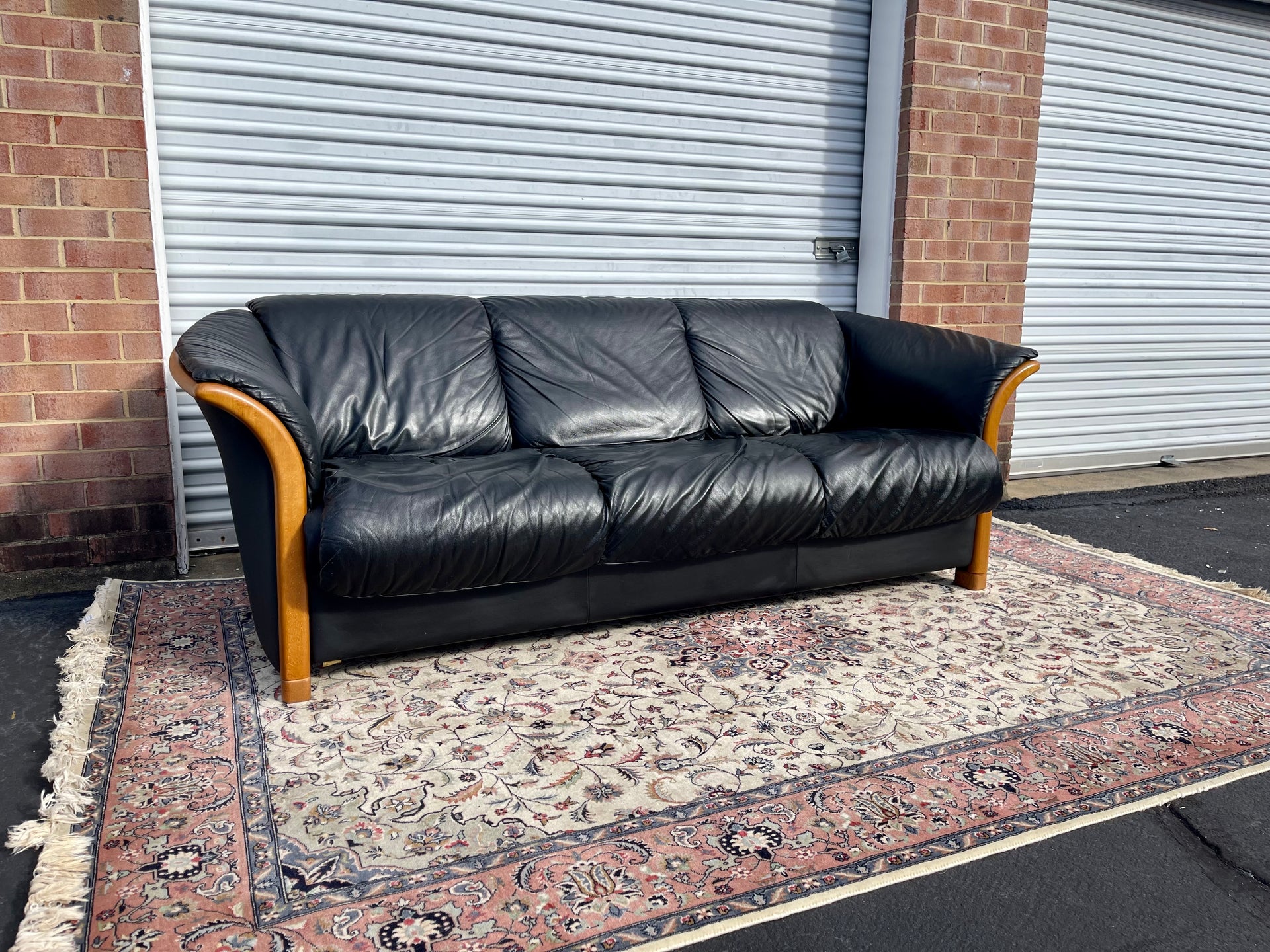 Ekornes Scandinavian Modern Black Leather “Manhattan” Stressless Sofa