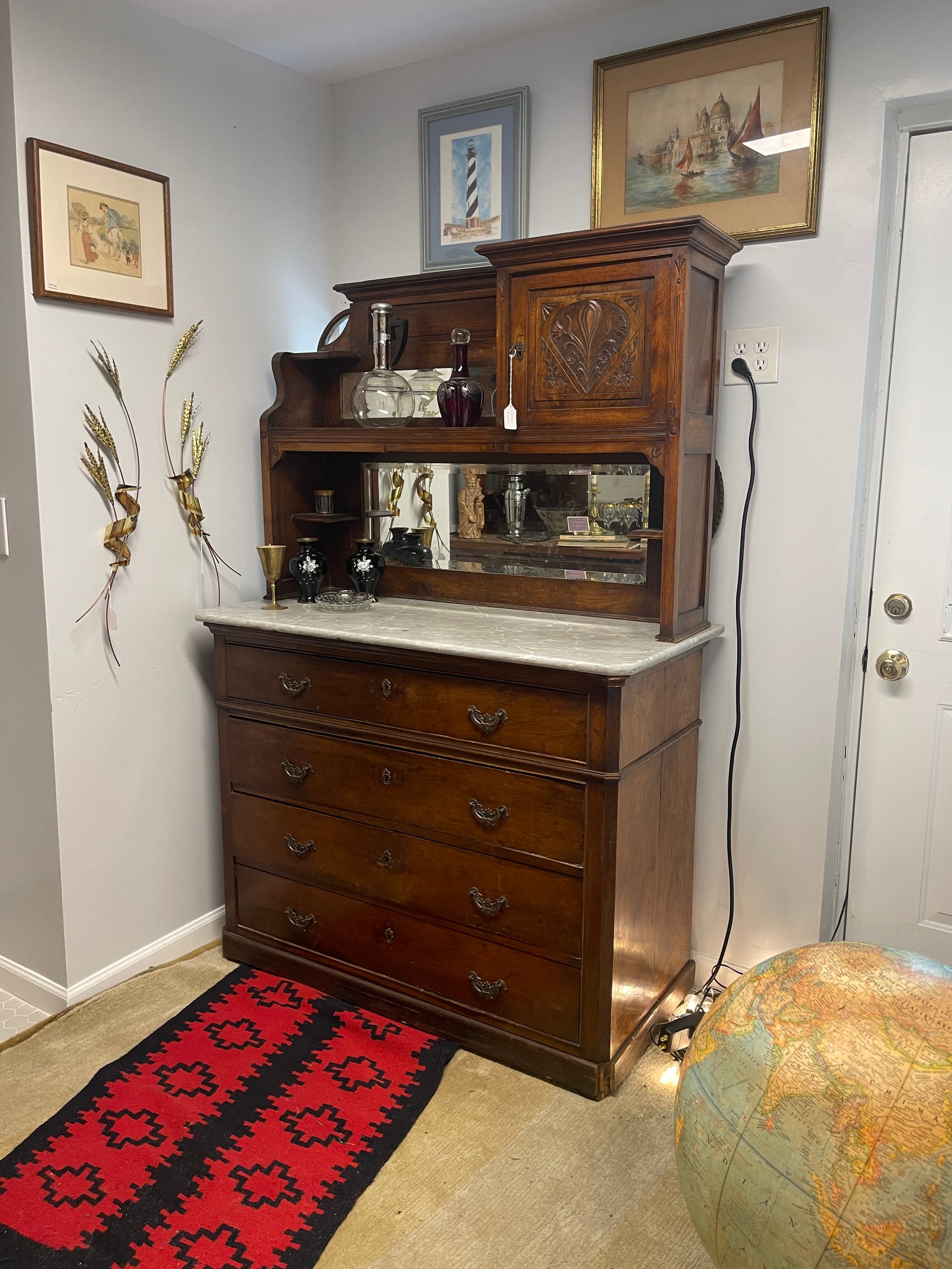 Antique Marble Top Hutch with Mirror