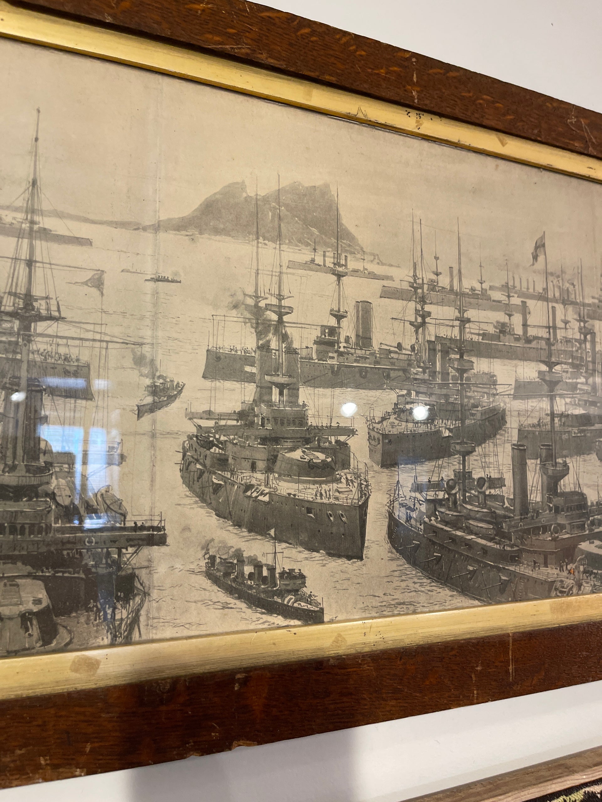 Antique Ship & Rock of Gibraltar Framed Artwork