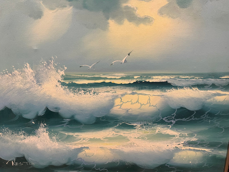 Oil on Canvas Framed Ocean Painting Signed Reston