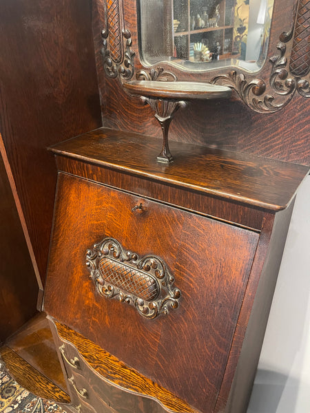 Antique American Tiger Oak Side by Side Bowed Glass Bookcase or China Secretary